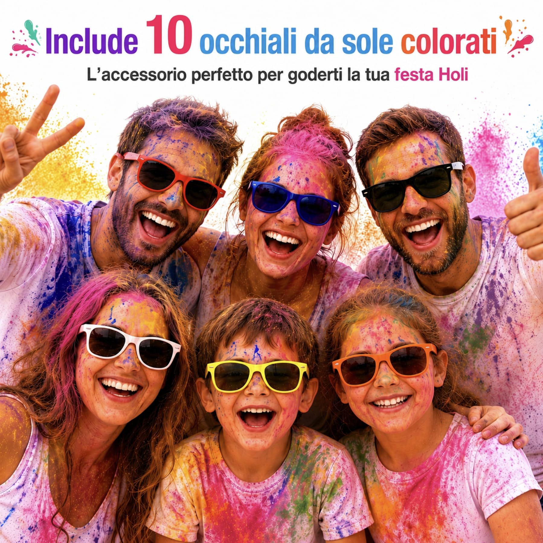 Polveri Holi Colorate – Set da 60 Bustine (4,5 kg) + 10 Occhiali da Sole