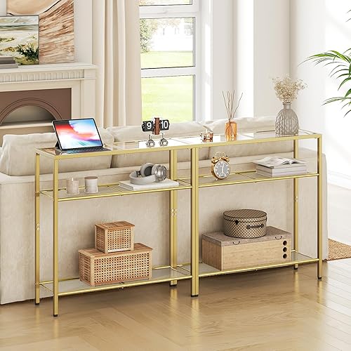 Miniatura 4 de HOOBRO Mesa consola estrecha de 29.5 pulgadas, mesa de sofá de vidrio templado de 3 niveles, mesa auxiliar pequeña, mesa de entrada moderna, para