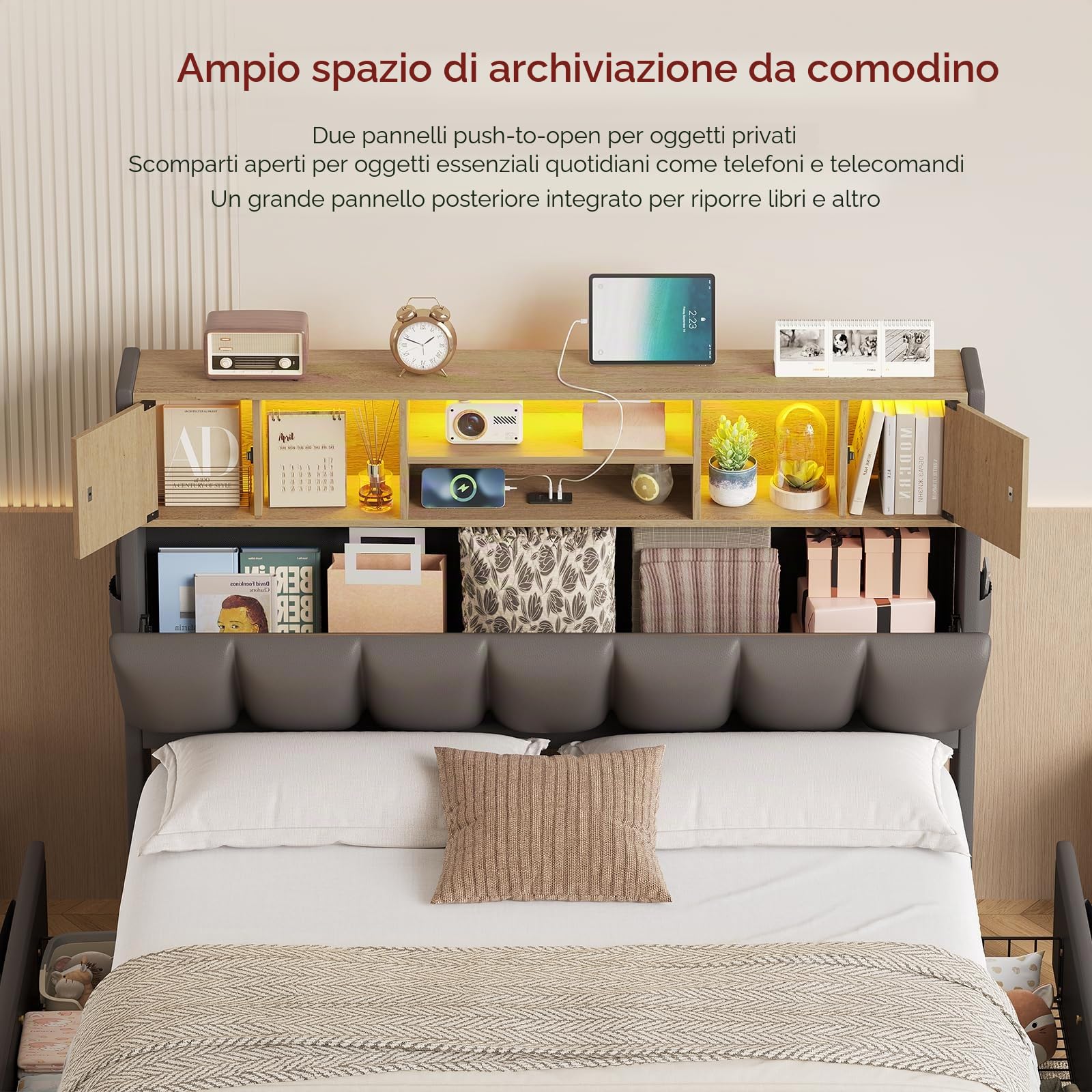 KIMENICH Letto Matrimoniale con Illuminazione a LED, Struttura Letto 140 x 190 cm, 4 Cassetti, Stazione di Ricarica, Testiera con Vano Portaoggetti, Lettos Imbottito, per camera, Grigio