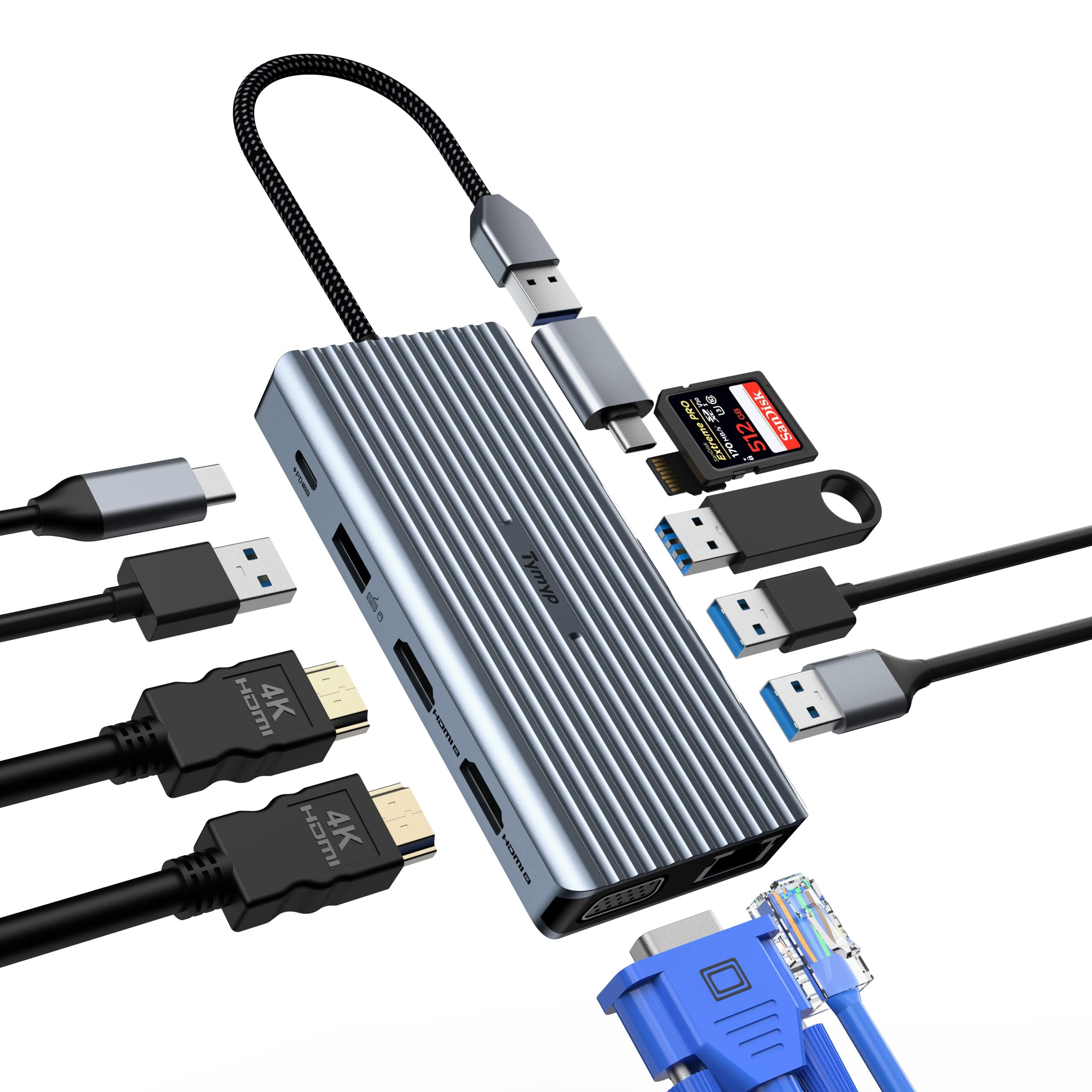 12 en 1 USB C Hub, Docking Station, 2 x HDMI, VGA, Ethernet, 100W PD, 3 x USB 3.0, USB 2.0, SD/TF Card Reader, Audio/Mic, Supports Windows 10,8,7,XP/Mac OS/Linux