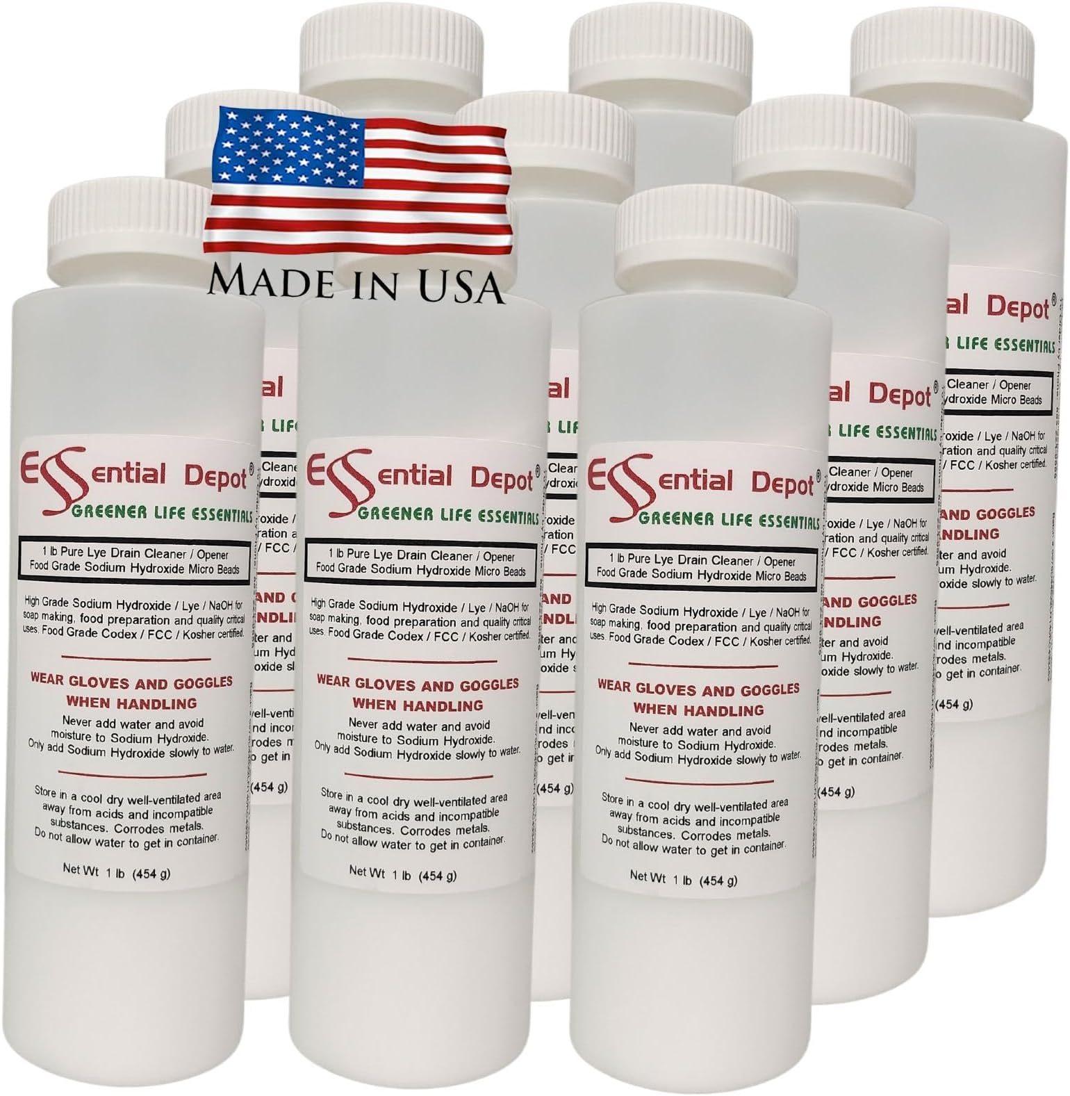 9 lbs Food Grade Sodium Hydroxide Lye Evenly-Sized Micro Pels (Beads or Particles) - 9 x 1 lb Bottles - Lye Drain Cleaner