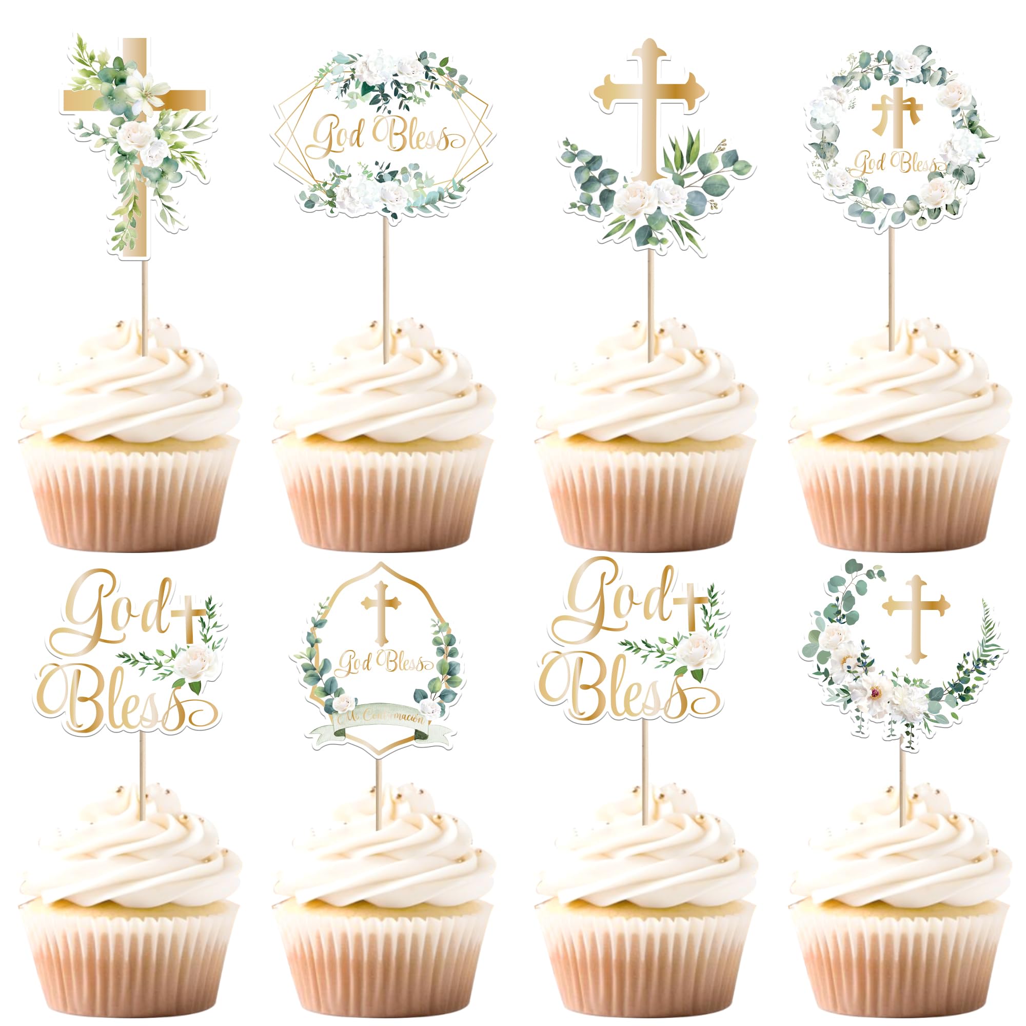 Xsstarmi 35 Pack God Bless Cupcake Toppers Cross White Wreath Cupcake Picks for Christian Baptism Baby Shower Boys Girls First Communion Party Cake Decorations Supplies