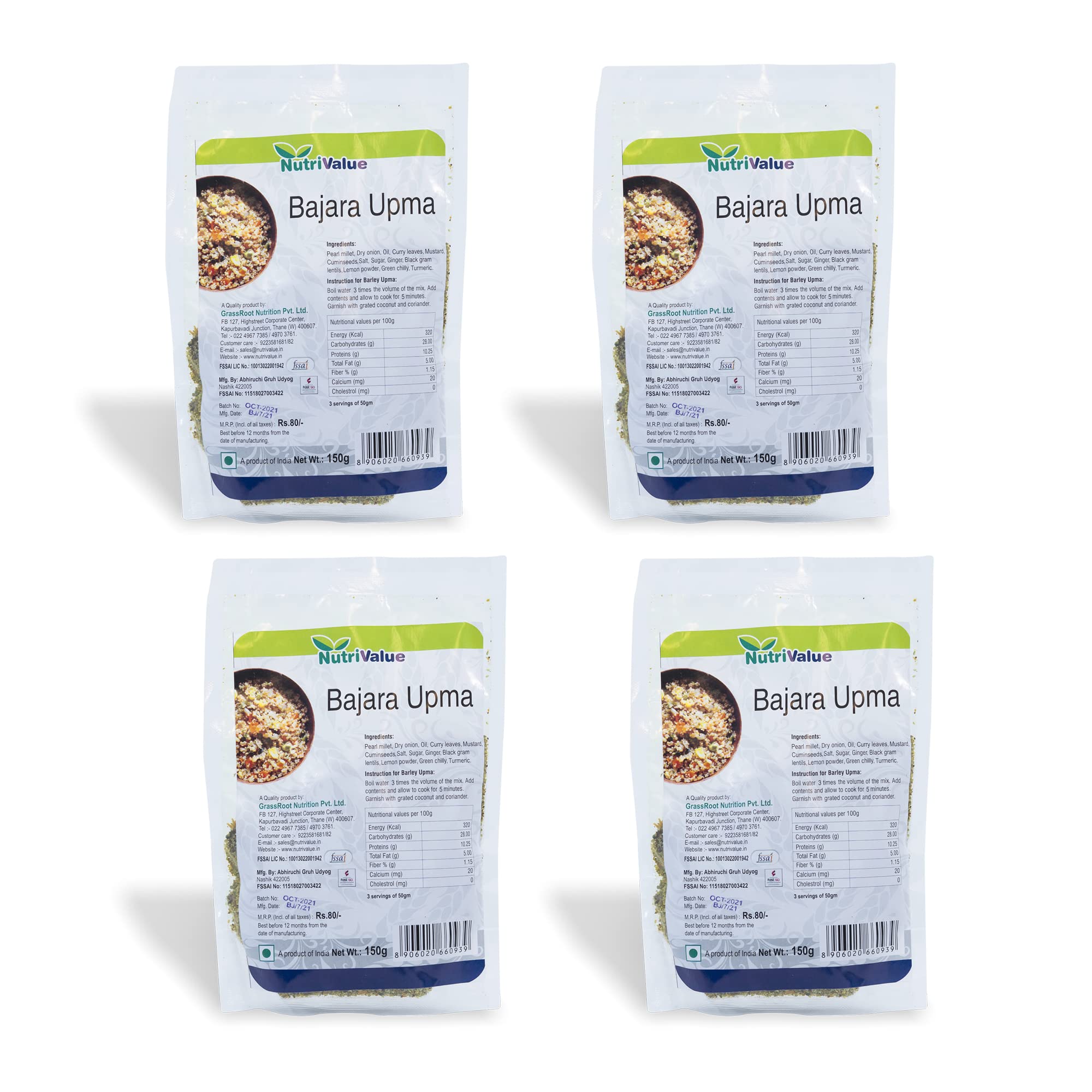 Nutri Value Instant Bajra Upma Ready to Cook Tasty Meal, 100% Natural Ingredients, No Preservatives, No Artificial Colors & Flavours Added | Upma Mix | Millet Upma - Pack of 4 ( 150 g Each)