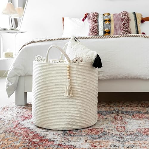 Miniatura 6 de Mkono Cesta de almacenamiento tejida decorativa de cuerda de algodón, decoración de cuentas de madera para mantas, juguetes, ropa, zapatos,