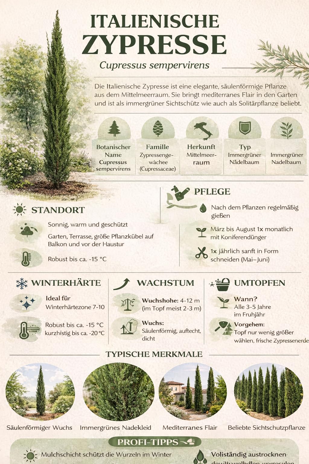 Mittelmeer Zypresse 120–140 cm – Italienische Säulenzypresse (Cupressus sempervirens) winterhart, schlank wachsend, mediterrane Gartenpflanze für Terrasse, Balkon & Garten