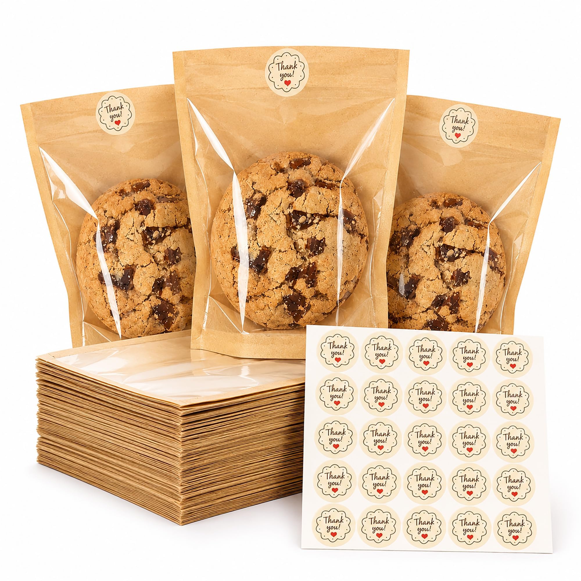 100 Pcs Sweet Bags, Cookie Bags Kraft Paper With Cellophane Clear Window