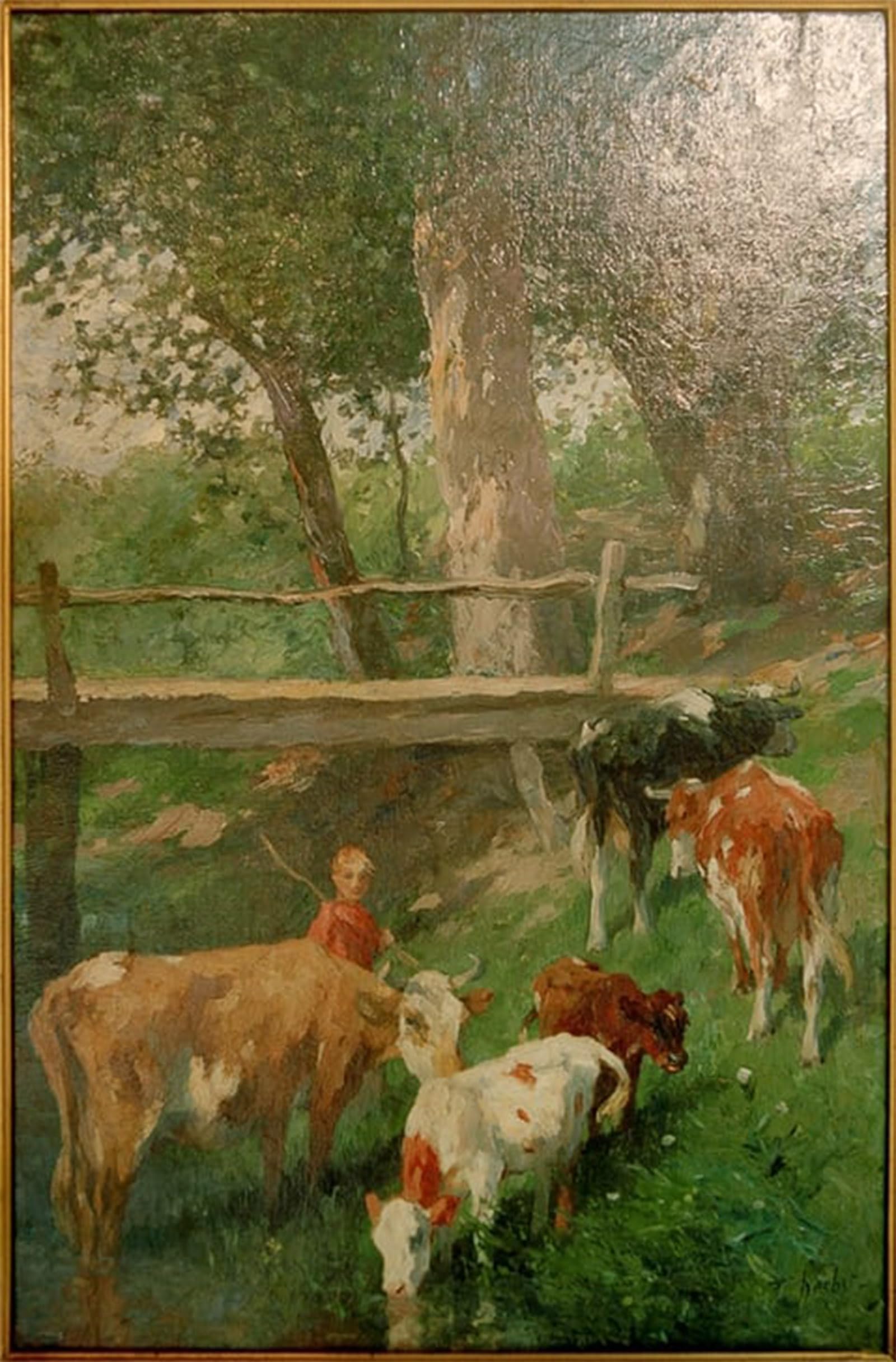 ARTXLXXBN Famous Painting Art Wall Decor Abstract Art Picture Hats Boy with Cows by Ludwig Herbst Animal Pictures for Home Decor 60x90cm