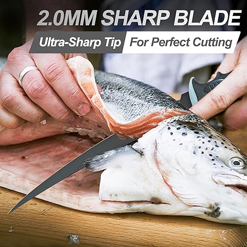 Miniatura 5 de DELFINA Cuchillo de filete de 9 pulgadas con mango ergonómico y funda suave, cuchillo de pesca de filete de acero alemán duradero, ideal para