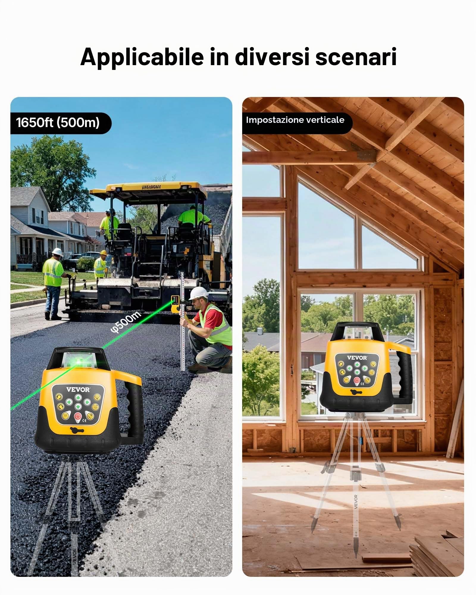 VEVOR Kit Livella Laser Rotante Raggio Verde Portata 500 m, Autolivellante, Angolo di Scansione Flessibile, Rotazione 360 Gradi, Scatola da Trasporto, Impermeabile IP54, Ricevitore Telecomando