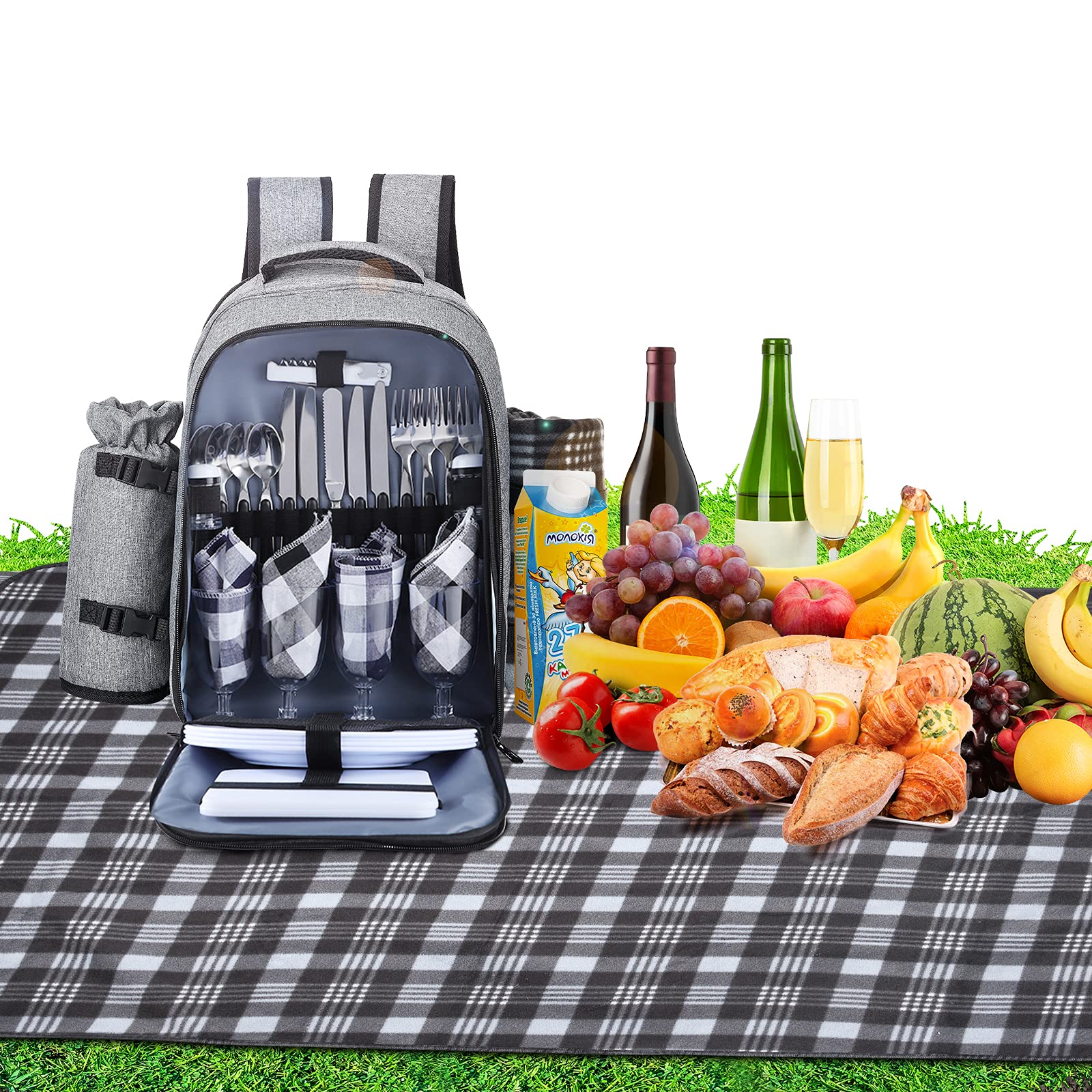 TTLIFE Picnic Backpack Bag Picnic Rucksack Bag 4 Person Grey Picnic Set Including Bottle Holder and Fleece Blanket,Large Cooler Compartment,for Camping BBQ Family Outdoor Activities