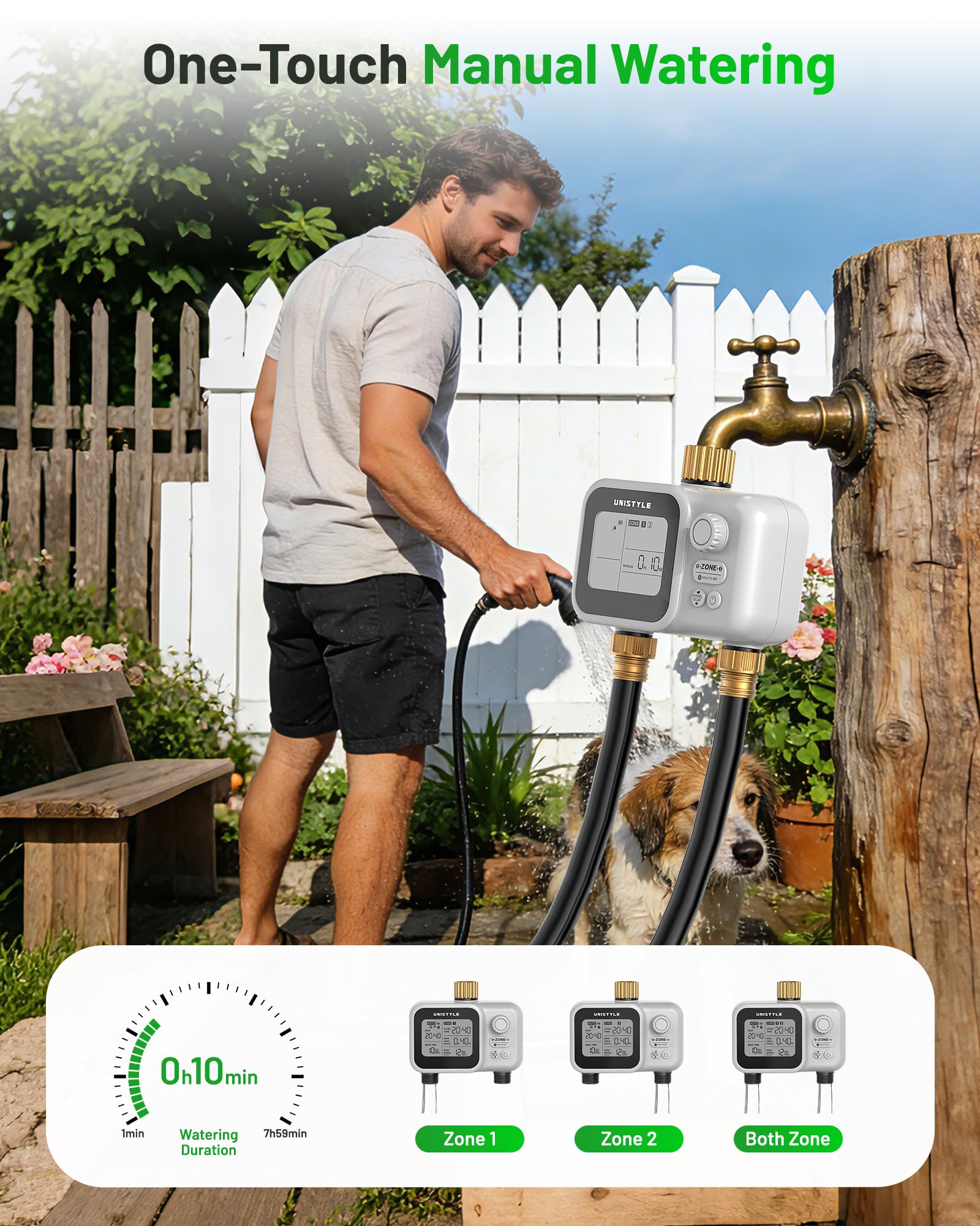 Timer a 2 zone con ingresso in ottone, fonti d'acqua a bassa pressione, valvola a sfera Unistyle per tubo da giardino, ritardo della pioggia, controllo manuale, irrigazione automatica per timer per