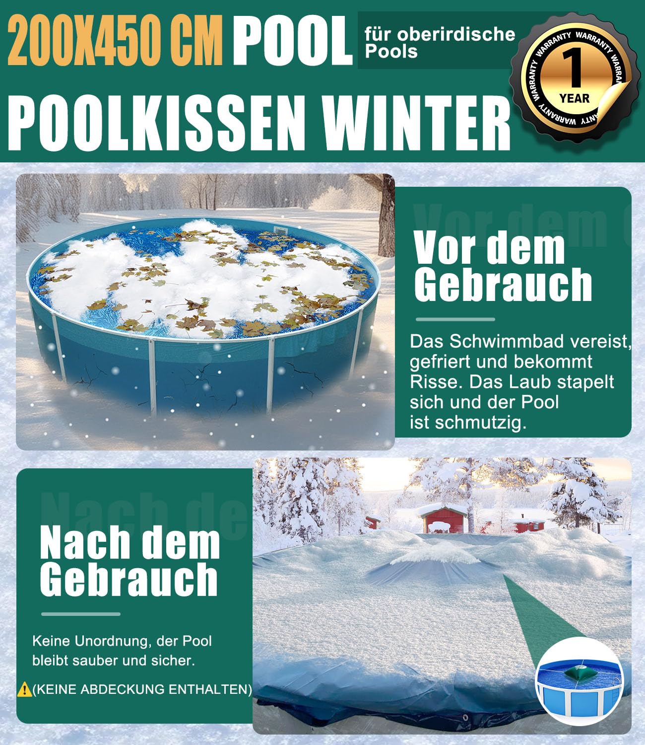 Angooni Poolkissen Winter 200 x 450 cm XXL (für 320-750 x 550-860 cm Pools) | Luftkissen Pool mit Doppelnaht zur Poolabdeckung | Pool Kissen für den Winter mit Boston Dual-Inflation Ventil | Grüner