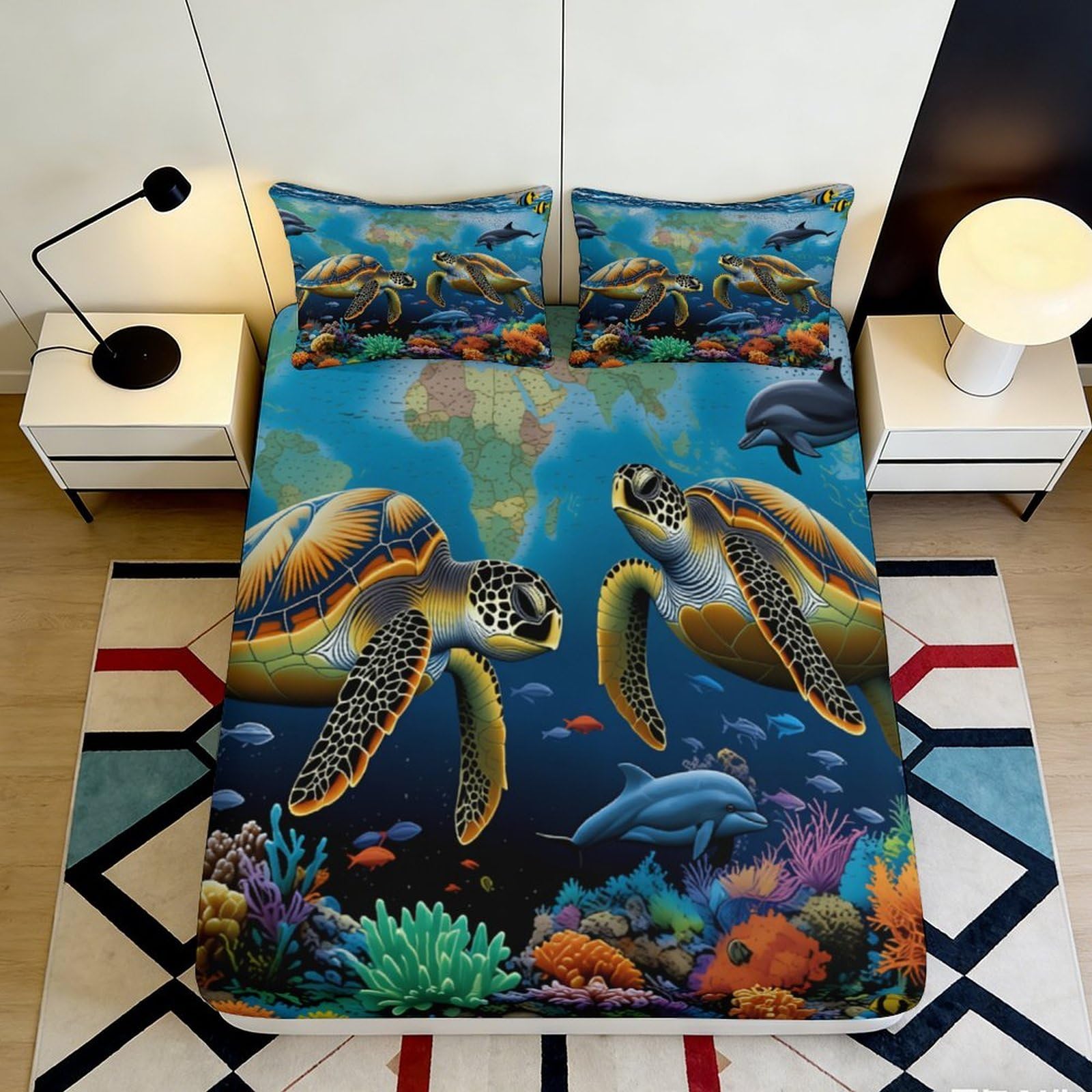 3D Printed Sea Turtle Ocean Fitted Sheet Microfiber Soft Mattress Cover Coral Reef Decor Bedroom Dorm 180x200x25cm