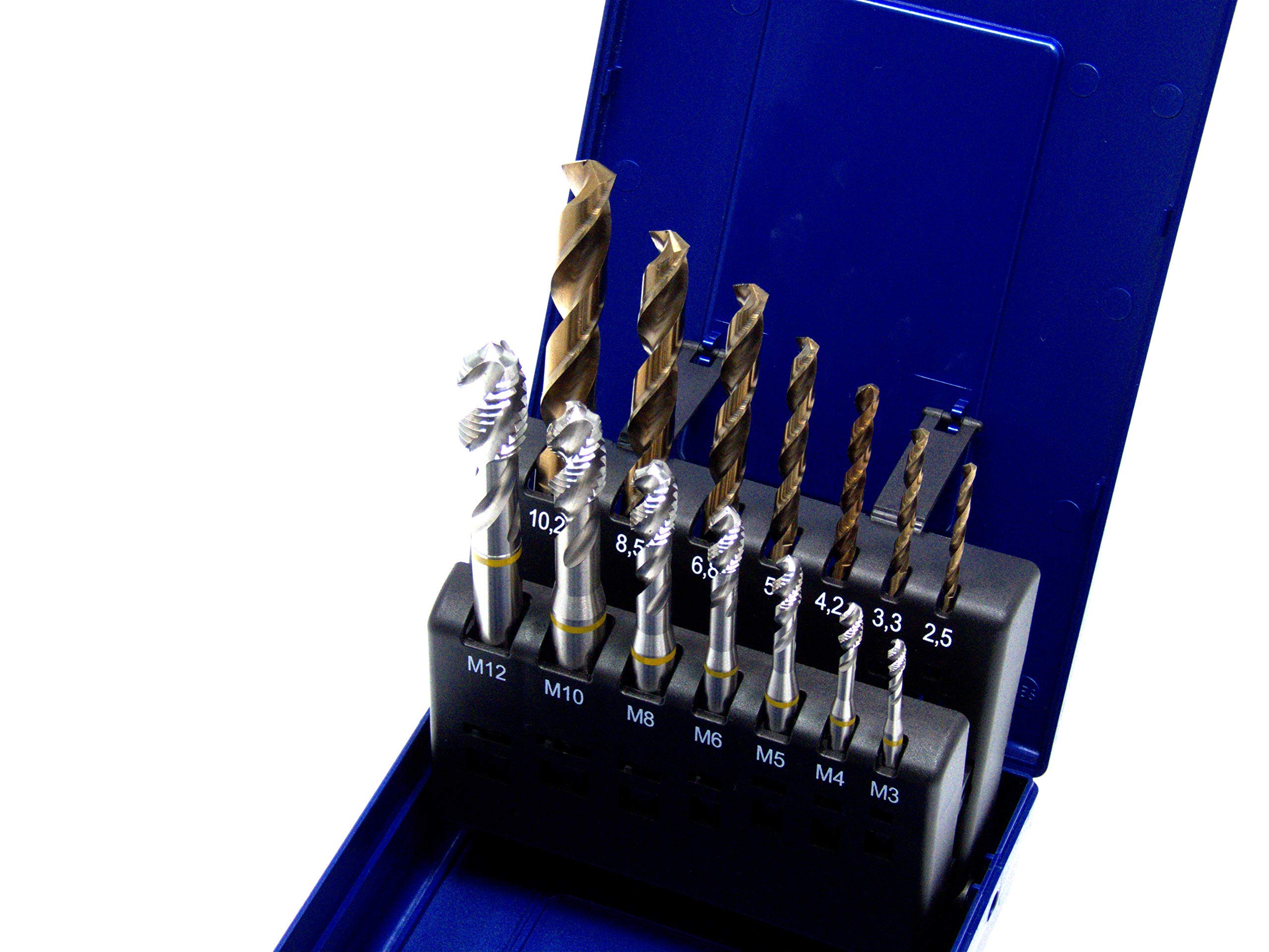 Lot de 14 tarauds pour machine M3 - M12 HSSE-Co5 DIN 371 - Trou borgné 39° RSP - Avec carottier HSSE-Co5