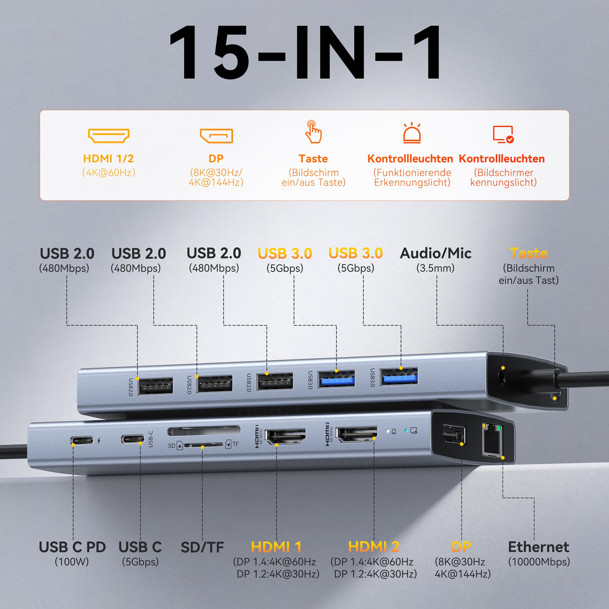 Dockingstation Laptop 15 in 1 USB C Hub Triple Display 8K HDMI DisplayPort Ethernet PD 5USB SD TF Audio