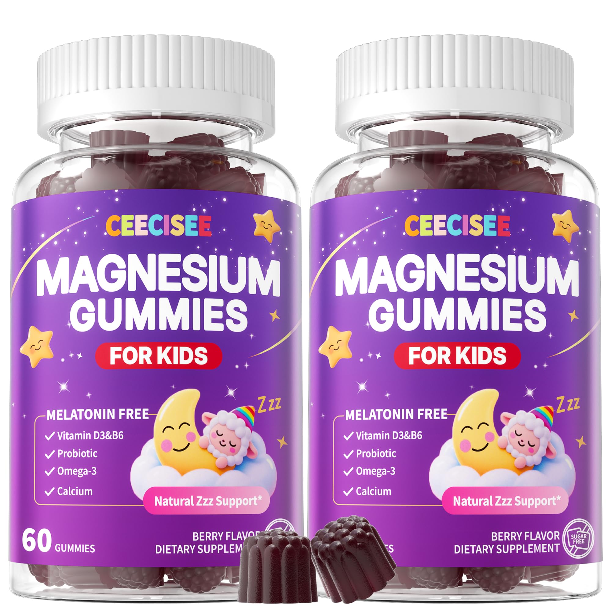 Melatonin-Free Magnesium Gummies for Kids 4+: Bedtime Zzz Support Berry 60 Count (Pack of 2)
