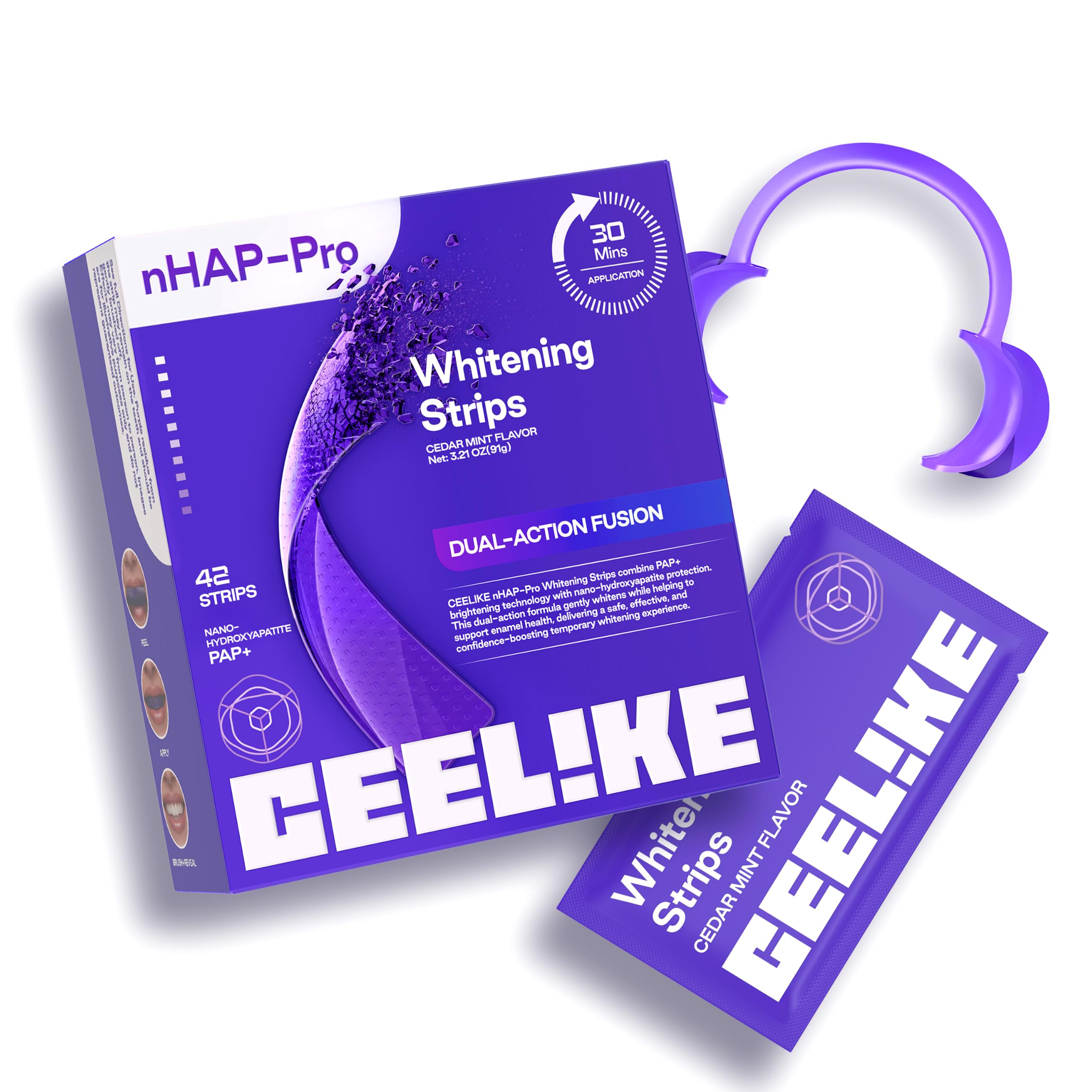 Teeth Whitening Strips (21 Treatments/42 Strips) - Peroxide-Free Whitening Kit with Hydroxyapatite, Enamel Safe + Cheek Retractor, Easy 3-Step at-Home Teeth Whitening for Deep Stain Removal
