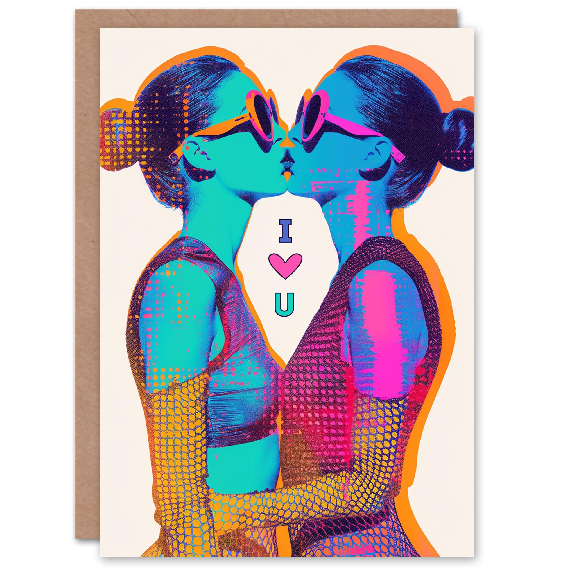 Artery8 Valentine's Day Card Neon Fashion Lesbian Kiss Love Pop Art Design Gay For Her Wife Woman Partner Girlfriend Greeting Card