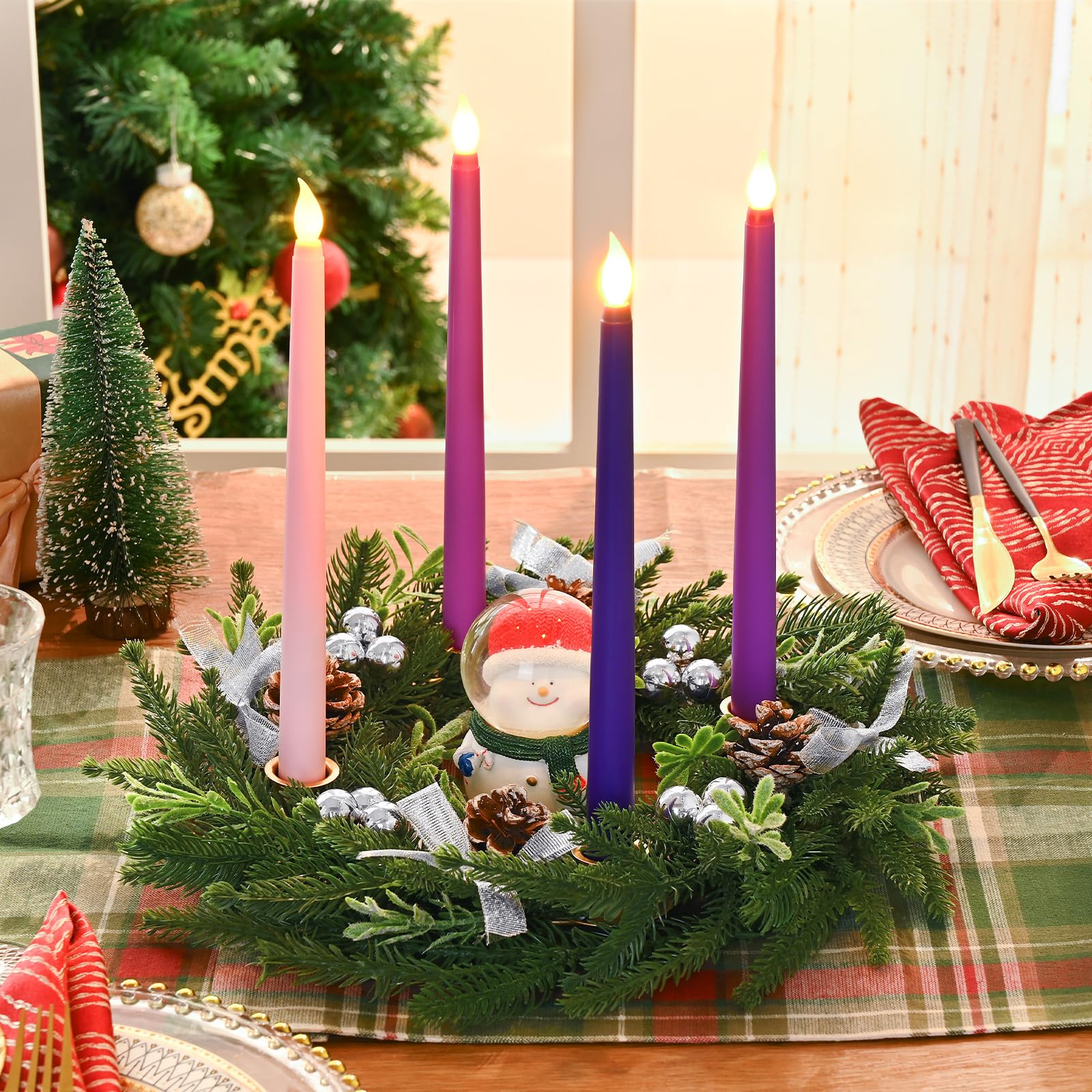 Dolicer 13.5 Inch Christmas Advent Wreath Candle Holder, Cone Silver Bow Christmas Wreath Advent 4 Candle Holders for Xmas Centerpiece Decor Winter Holidays Home Decor