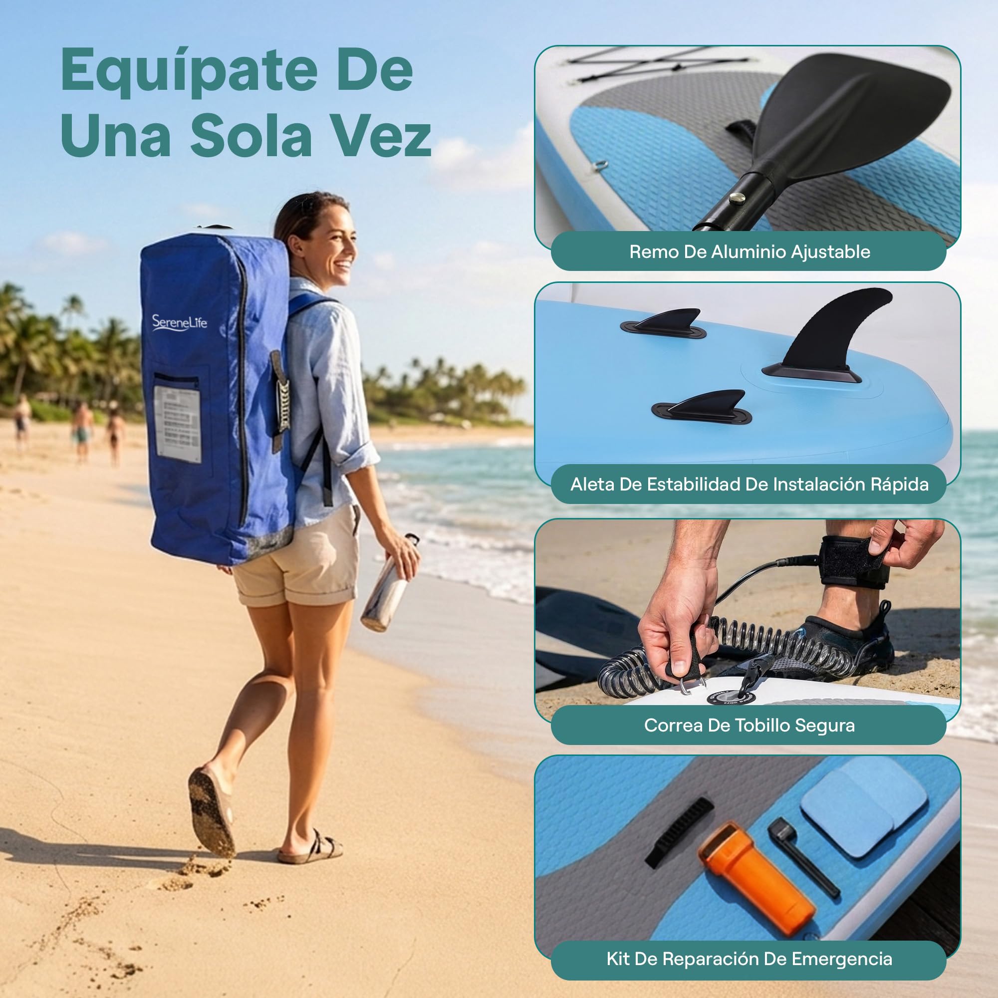 SereneLife Tabla Paddle Surf Hinchable, Diseño Ancho y Estable, con Almohadilla EVA Antideslizante, Incluye Accesorios Premium para Sup, Ideal para Jovenes y Adultos