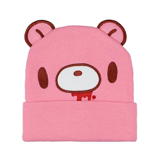 Gloomy Bear Beanie Embroidered Face Design with 3-D Ears Adult Knitted Winter Hat Pink