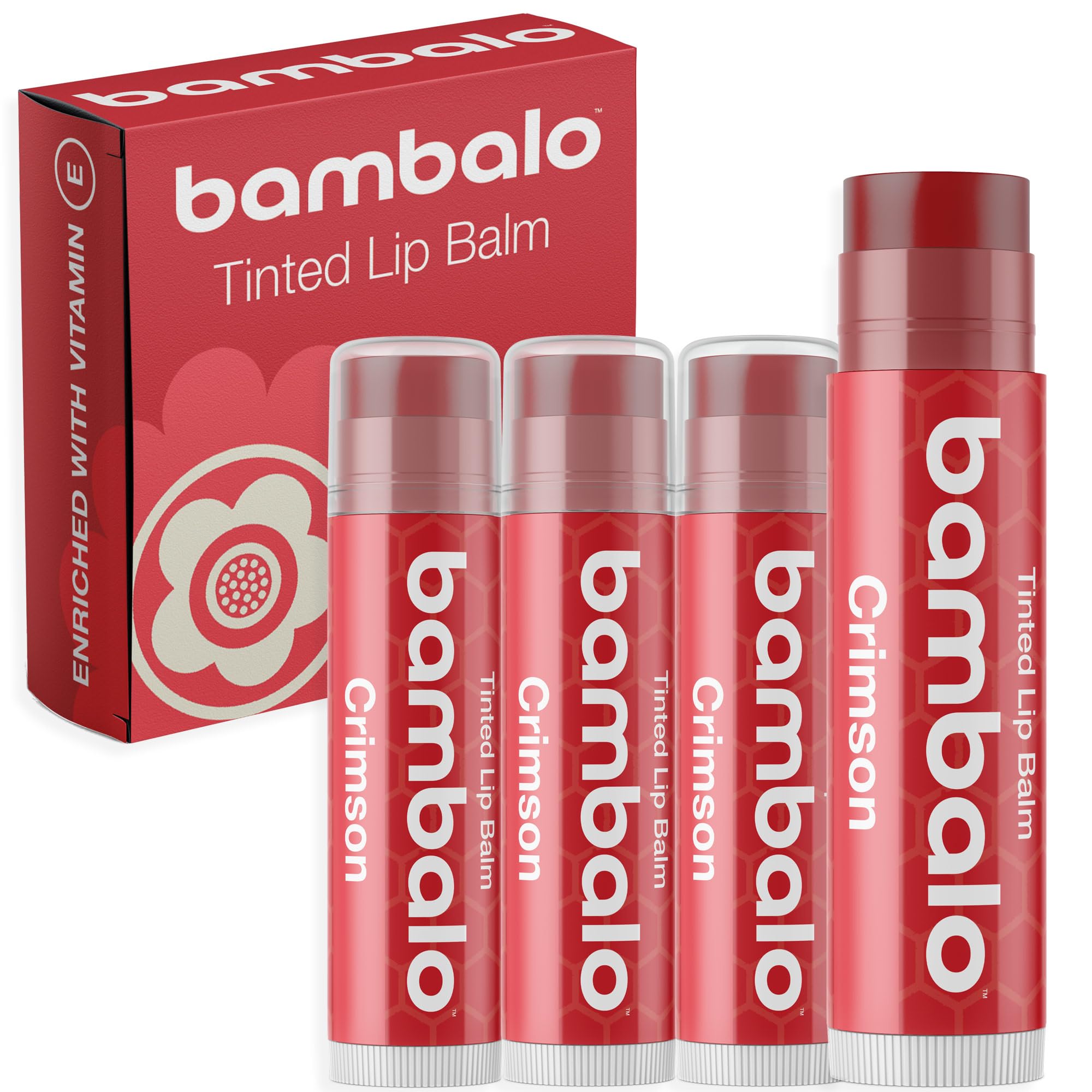 Tinted Lip Balm Crimson - Bambalo 4-Pack Hydrating Moisturizing Care - Bold Red Tint - Natural Organic Formula - Conditioning Smooth Color - Made in USA