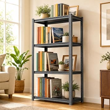 Industrial 4 Tier Bookshelf Black Metal Shelving Unit, Sturdy Book Shelf Storage Rack, Heavy Duty Steel Bookcase for Living Room Bedroom Office Kitchen, Tiered Shelf Organizer for Books Decor