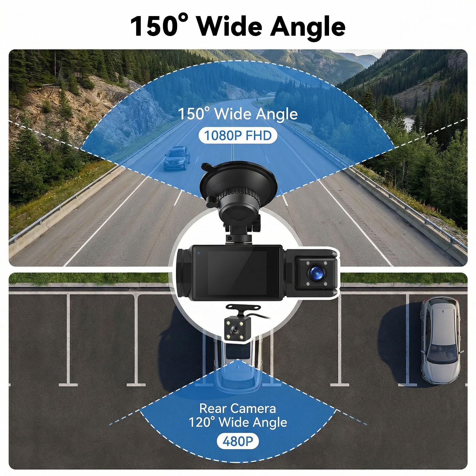 SIXTOP Dash Cam avec Caméra de Recul 1080P Full HD - Caméra de voiture avec WiFi et Application, Vision Nocturne, Mode Stationnement et Grand Angle 150° - Incl. Détection de Mouvement et Enregistremen