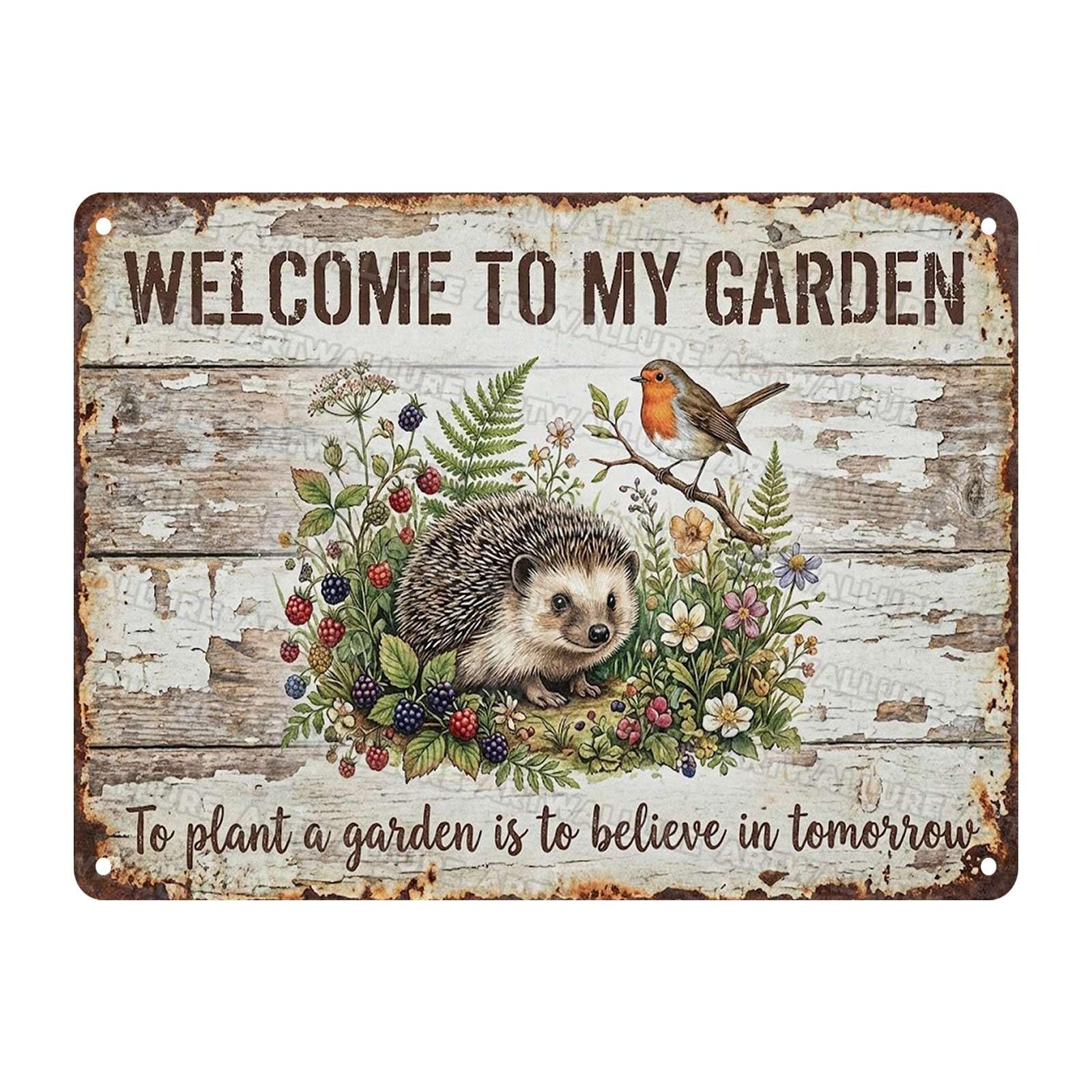 Hedgehog Robin Garden Welcome Sign Shabby Chic Wood Look Metal Tin Woodland Animal Wall Art To Plant a Garden is to Believe in Tomorrow Sign for Country Home Shed Backyard Gate 12x16Inch