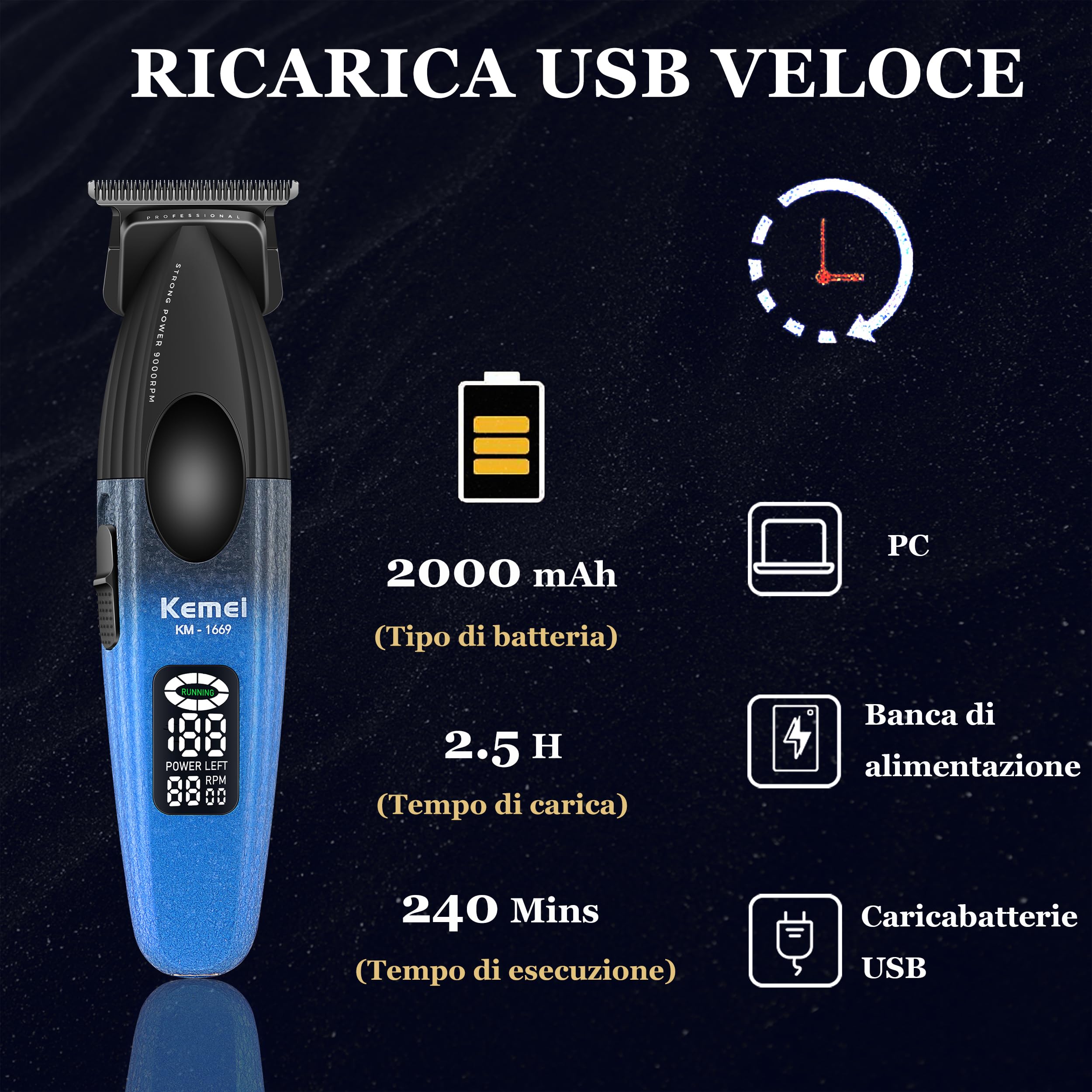 KEMEI 1669 - Regolabarba da uomo, senza fili, con display a LED, 9000 giri/min, per barbiere con base di ricarica, lama a T rivestita in DLC