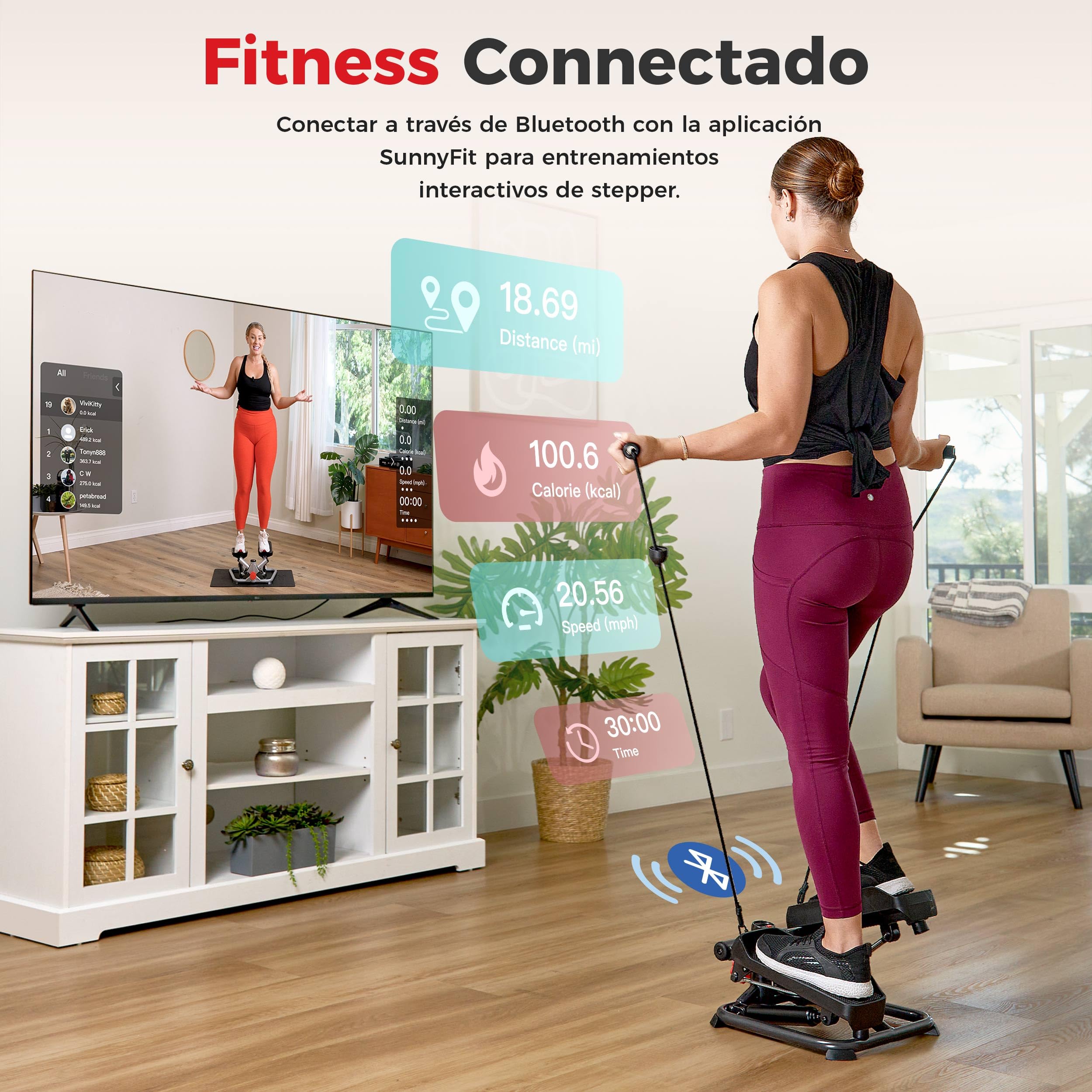 Sunny Health & Fitness Mini Steppers para Ejercicio, Escalones de Bajo Impacto, Equipo de Cardio de Cuerpo Completo, con Conexión Opcional Gratuita a la Aplicación SunnyFit y Banda de Resistencia