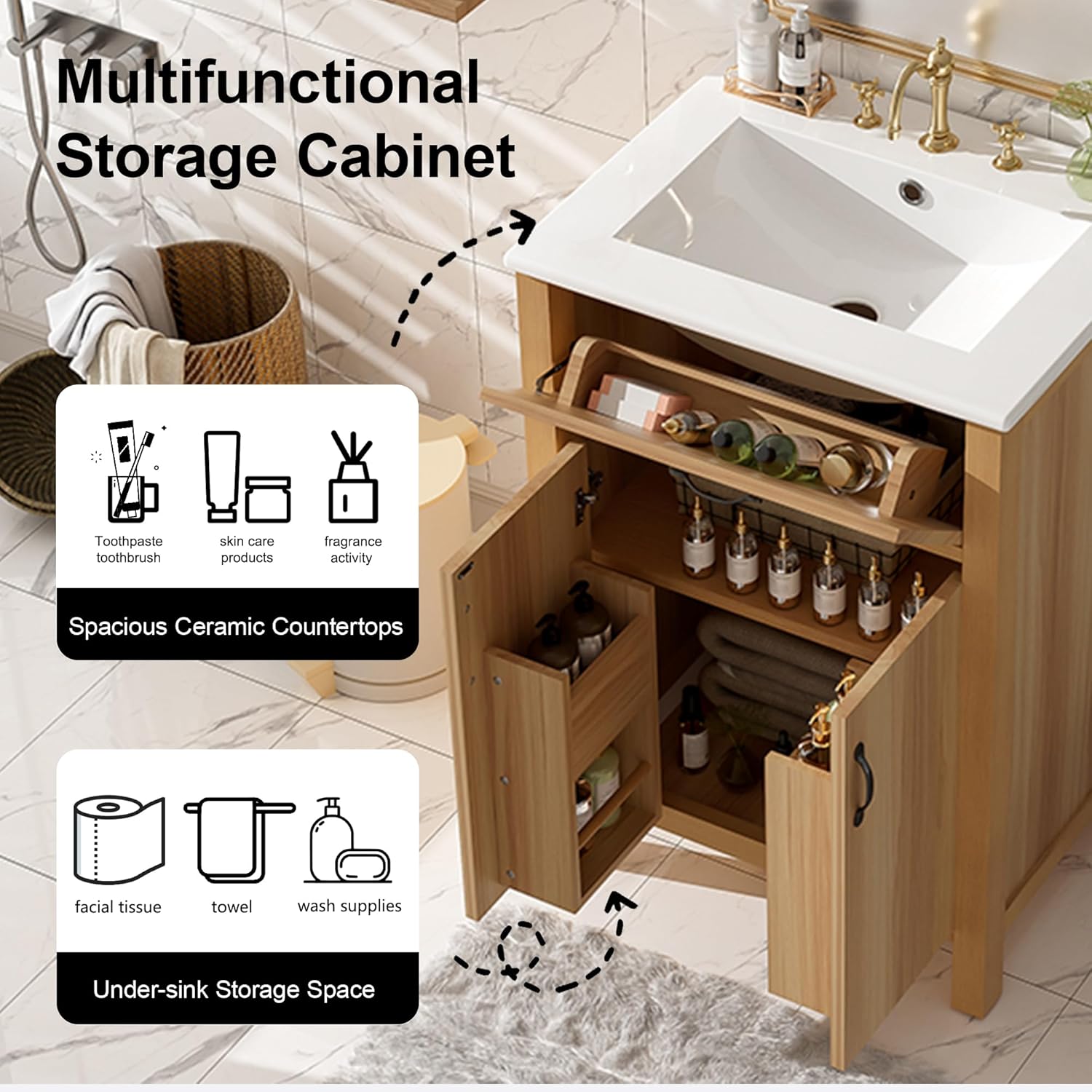 Harper & Bright Designs 24" Bathroom Vanity with Sink, Free Standing Single Basin Vanity Set with Tip-Out Drawer and Adjustable Shelf, Wood Bathroom Cabinet with Ceramic Basin for Bathroom, Wood