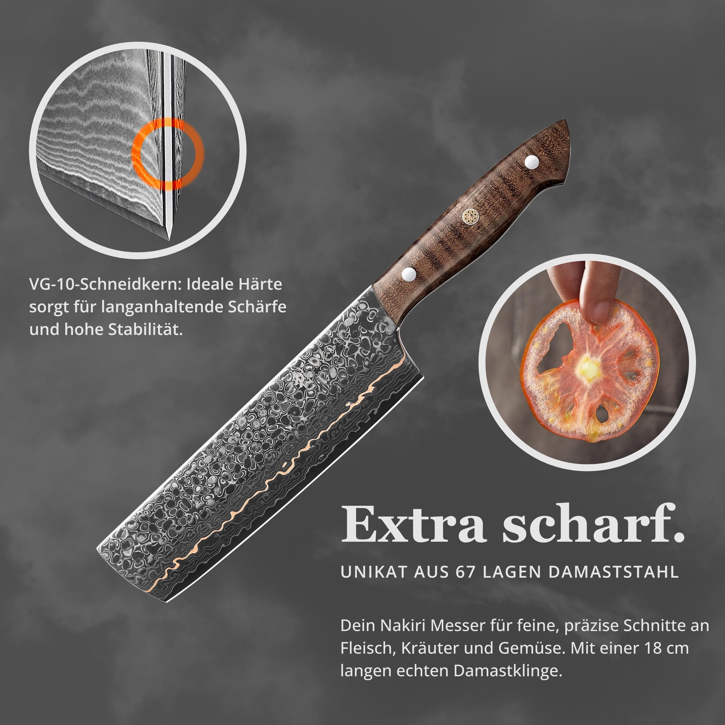 Wakoli Kawa Nakirimesser 18 cm mit Kupfereinlage und Ahornwurzelholzgriff