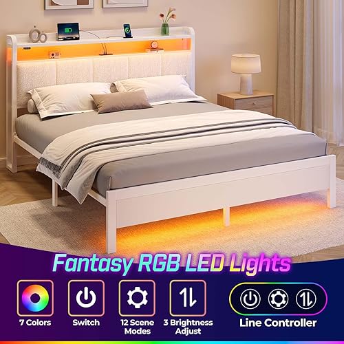Miniatura 41 de Rolanstar Base de cama tamaño individual con estación de carga y luces LED, cabecera de piel sintética con estantes de almacenamiento, listones de