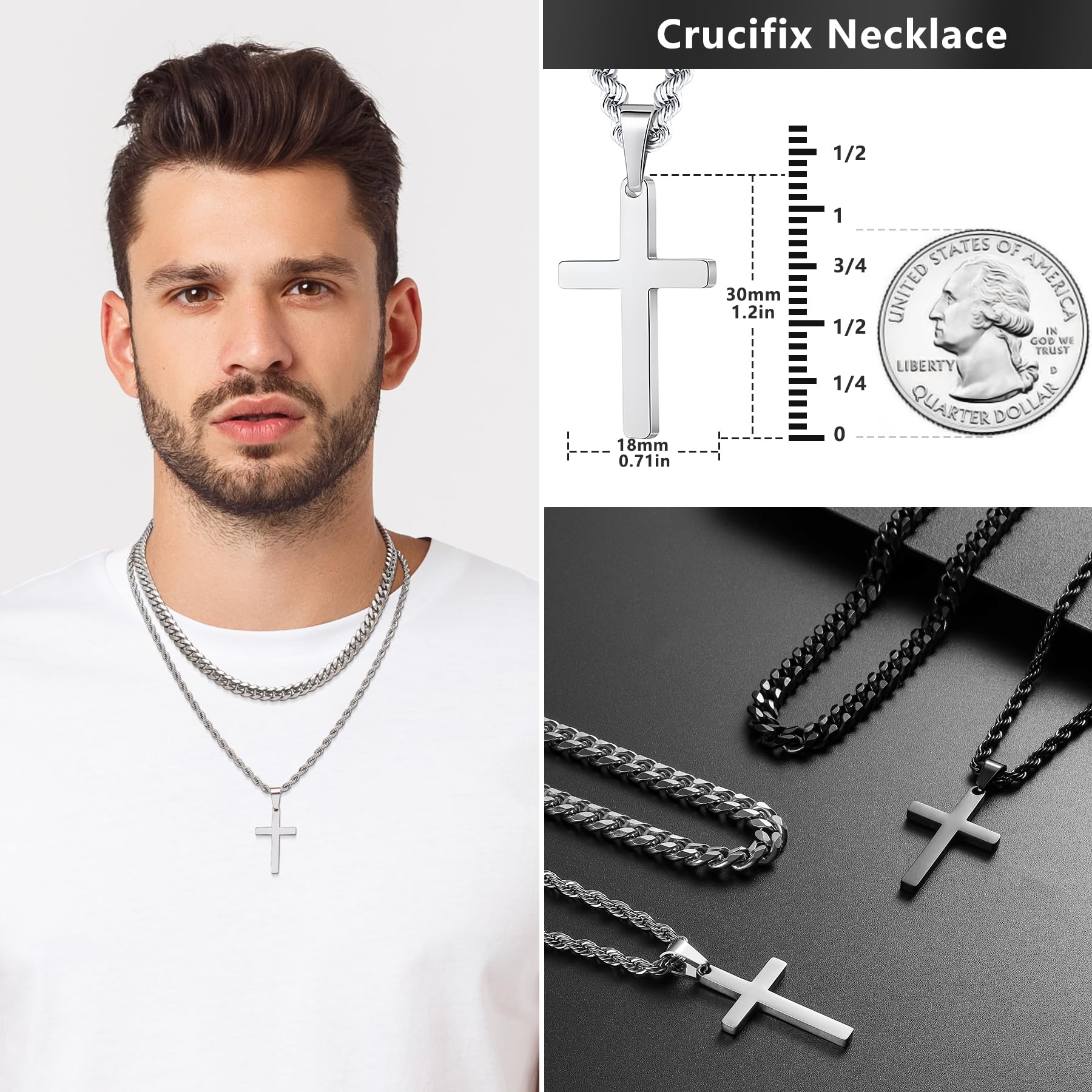 Romass 4Pcs Cross Necklace for Men,Stainless Steel Chains for Men Layered Necklaces Silver Gold Black Pendant Jewelry Box Gifts 18-24 Inches