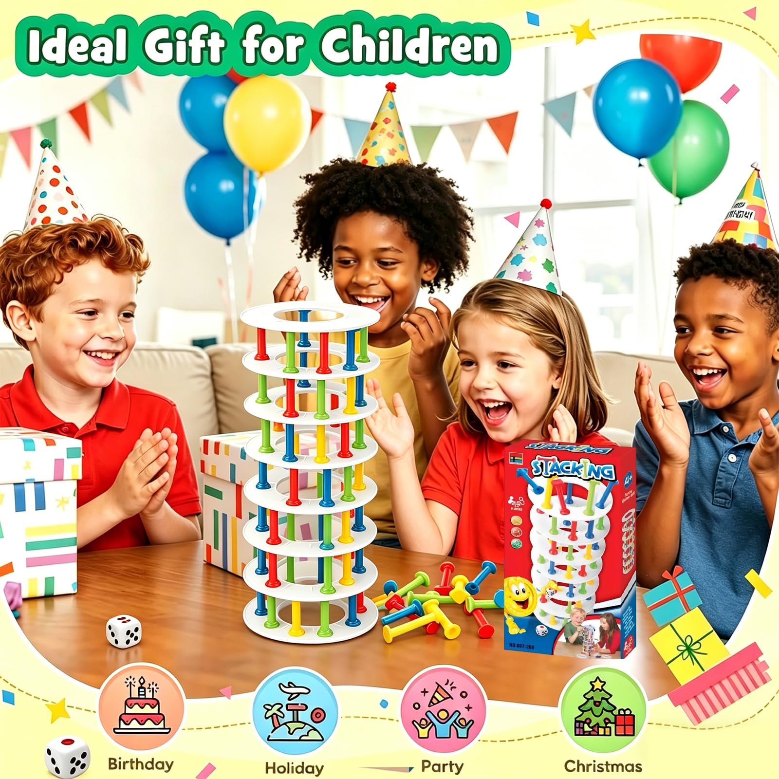 Juegos de Mesa Niños 3 4 5 Años, Montessori Juguetes Niñas 6 Años y Niños, Juego de Construcción y Equilibrio con Dados Colores, Juguete para Habilidades, Regalo Cumpleaños, Juego Familiar