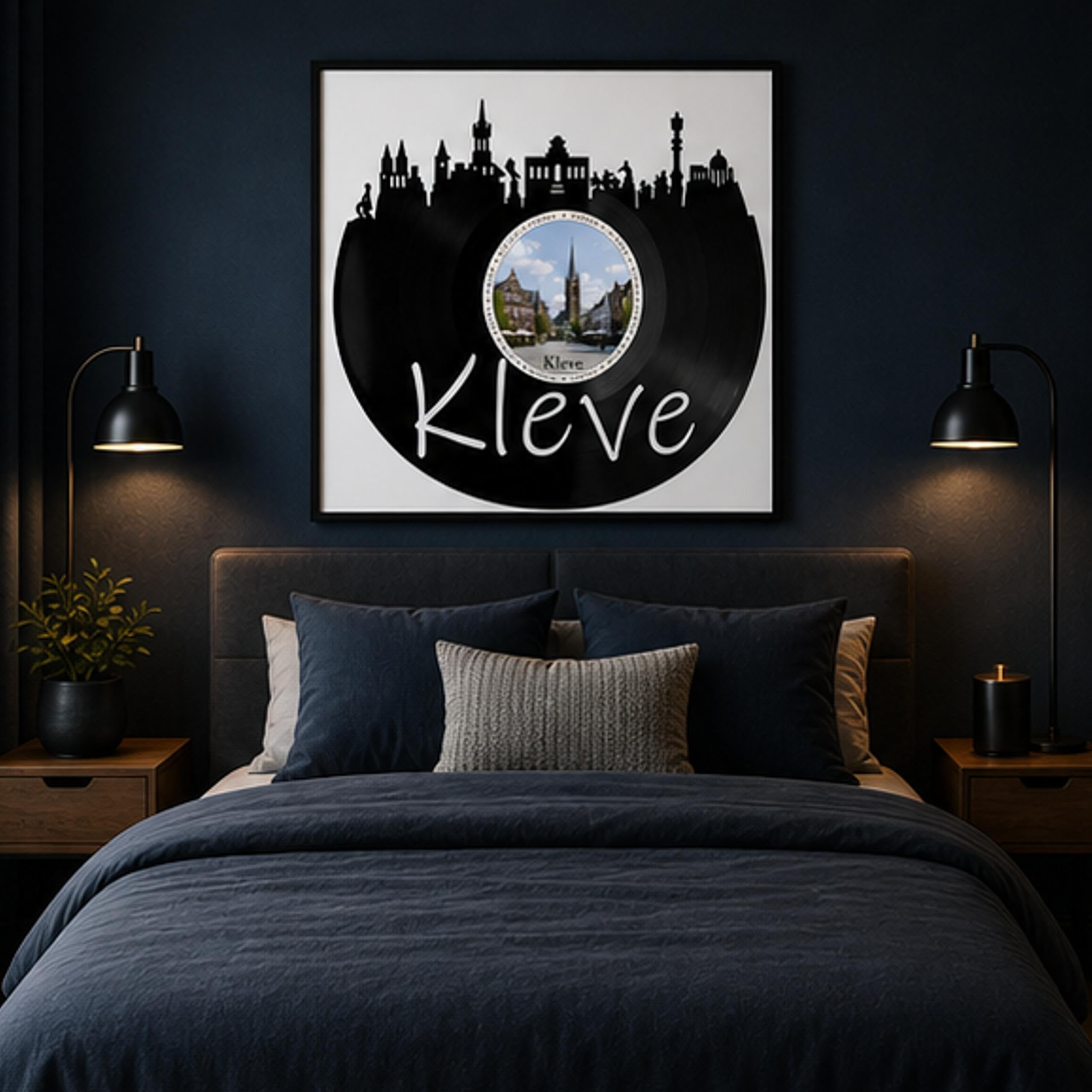 EVEVO Dekoracja ścienna z płyty gramofonowej w ramie 32 x 32 cm Kleve - winylowa sztuka ścienna Niederrhein prezent dla fanów Kleve, lokalnych patriotów