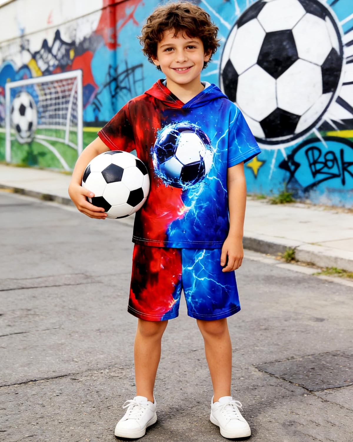 Boys 2Pcs Summer Clothes 3D Printing Short Sleeve Hooded T-Shirt and Shorts Outfit for 5-12 Years - Image 2