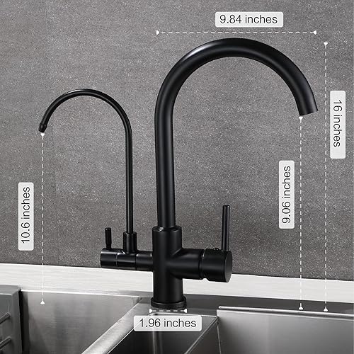 Miniatura 2 de HUAHUALALA Grifos de cocina de níquel cepillado, grifo de fregadero de cocina con 2 asas, purificador de filtro de agua 3 en 1, grifo de agua