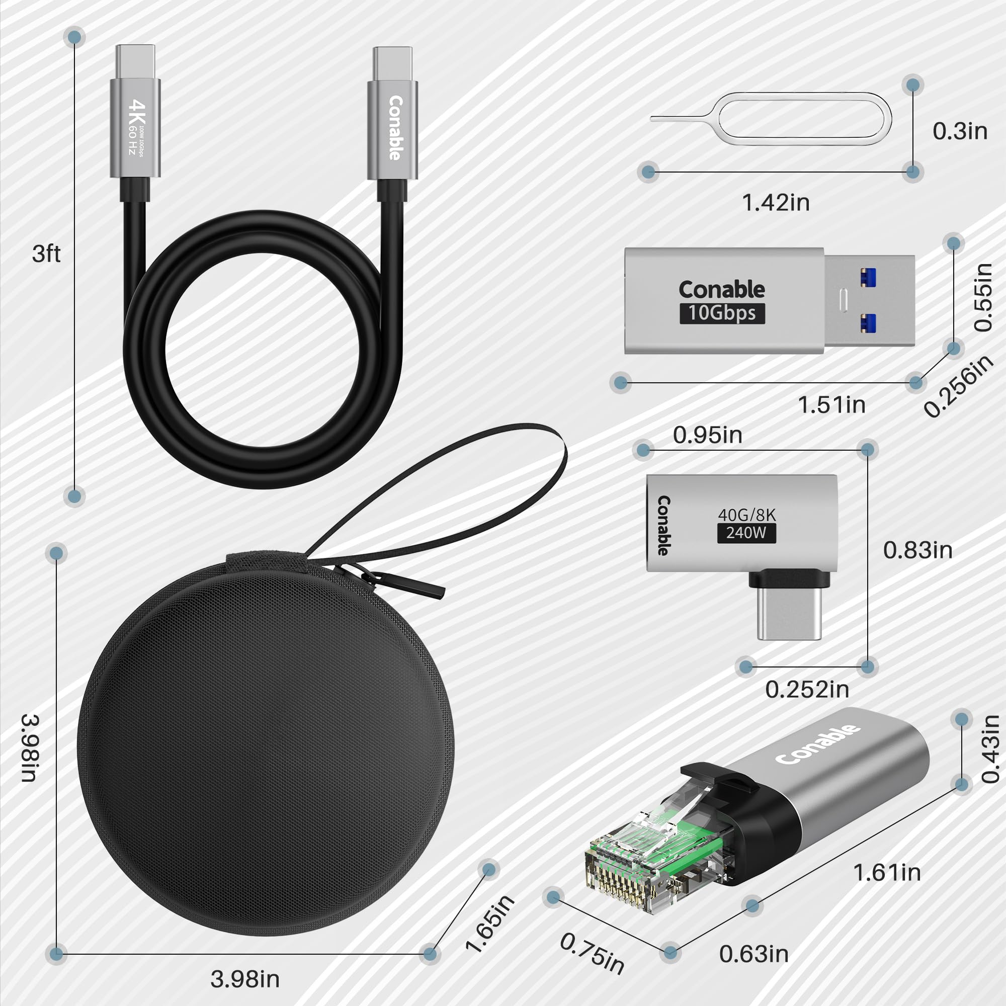 Adaptateur de voyage USB 6 en 1, pour Internet/données/chargement/vidéo, comprend : adaptateur USB-C vers RJ45, câble Type-C 3.1, connecteur USB vers USB-C, convertisseur USB4 à angle droit, outil