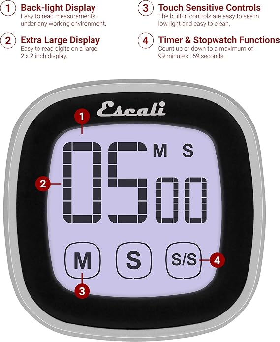 Escali Touch Screen LCD Display Digital Timer, Easy to Read and Touch Sensitive Controls Battery Saving, Black