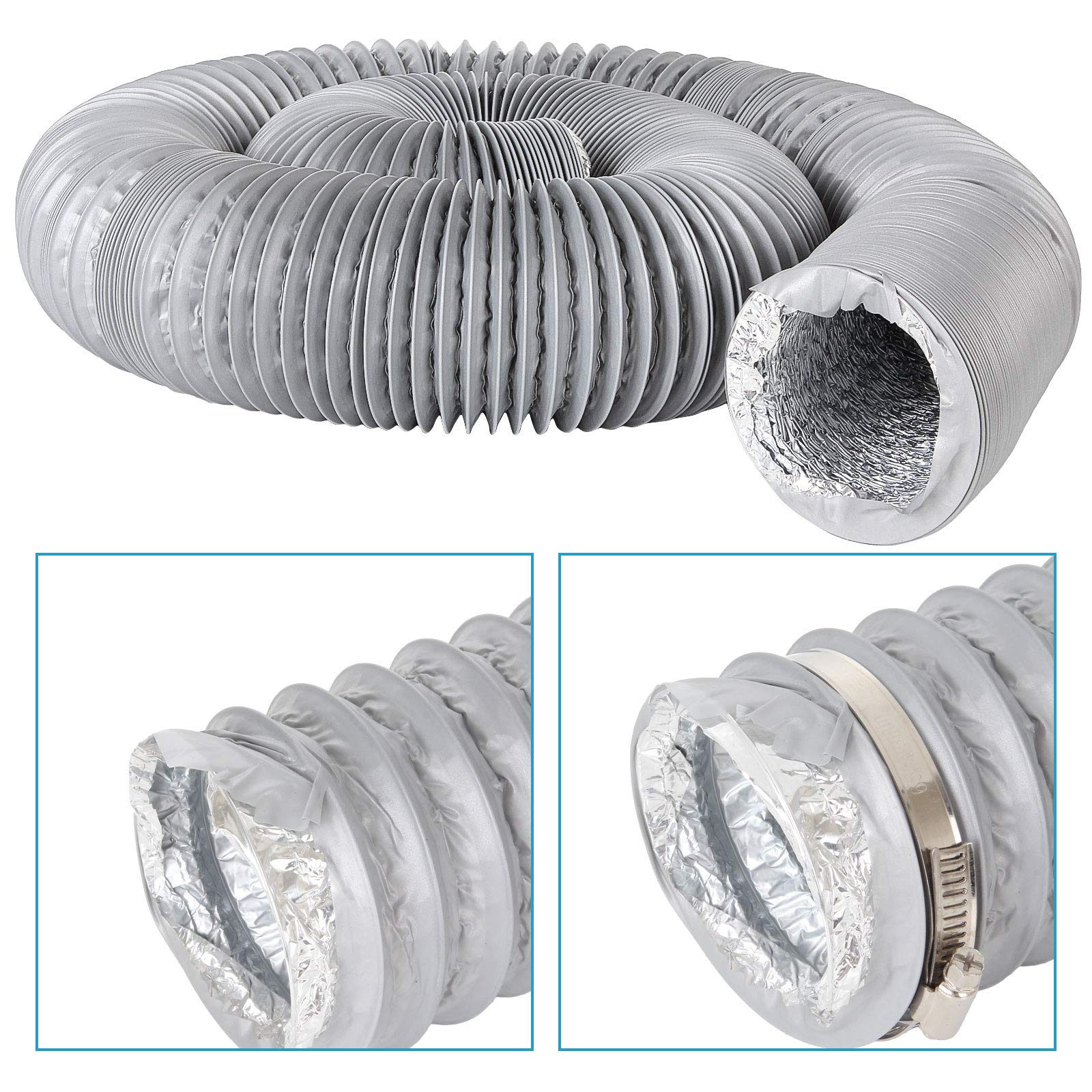 3 Inch PVC Ventilation Ducting 16 FT Long Grey Flexible Aluminum