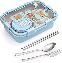 PRIME DEALS Lunch Box Sealed Leakage Proof Stainless Steel Lunch Box with Fork Chopstick&Spoon Lid Office Food Container for School Kids and Adults 750ml (Sky Blue, Bear Kawaii 3 Compartment)