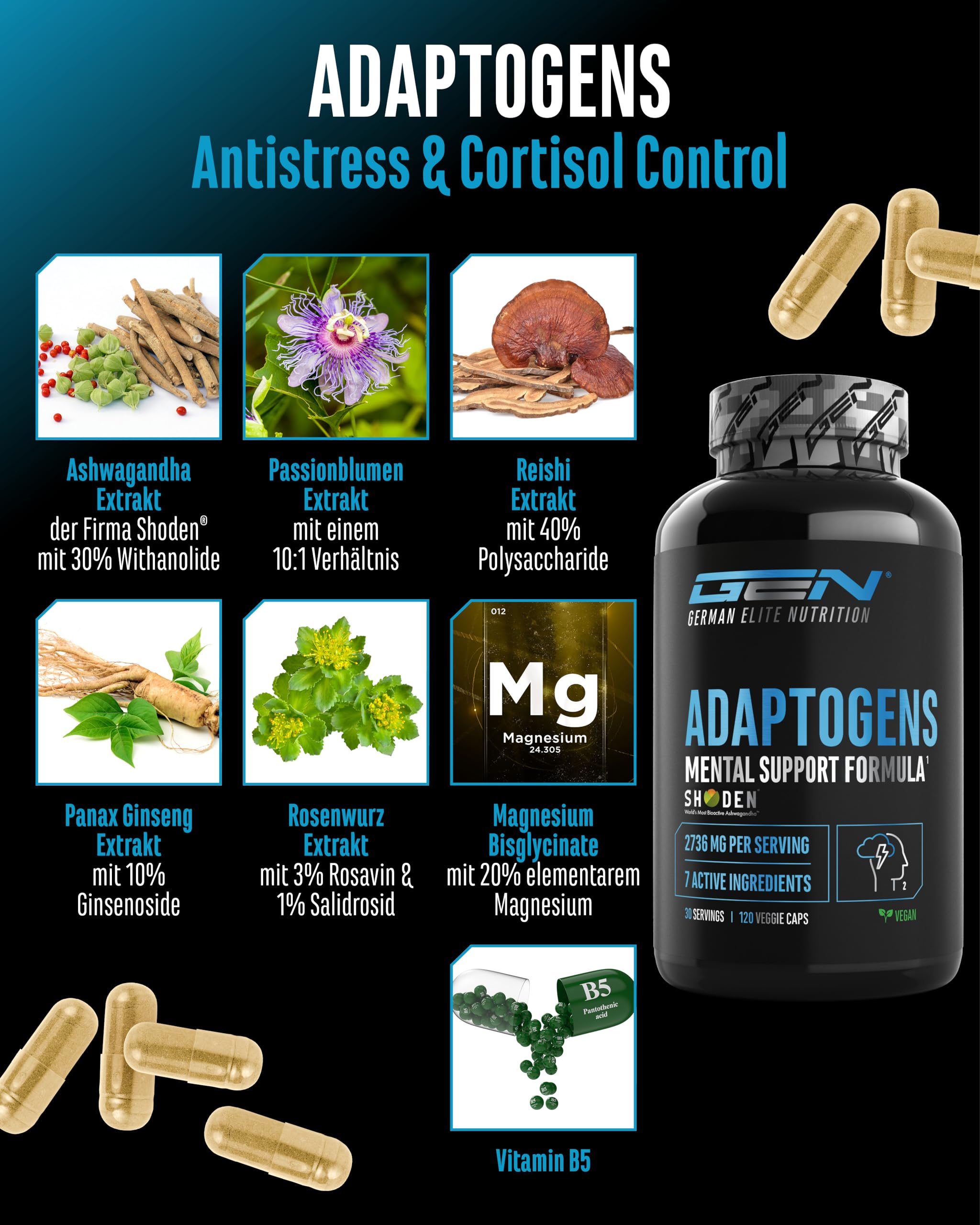 Adaptogene Komplex - Antistress & Relax Support mit Shoden® Ashwagandha, Reishi, Ginseng, Passionsblumen, Rosenwurz Extrakt - Magnesium - Vegan - 120 Kapseln