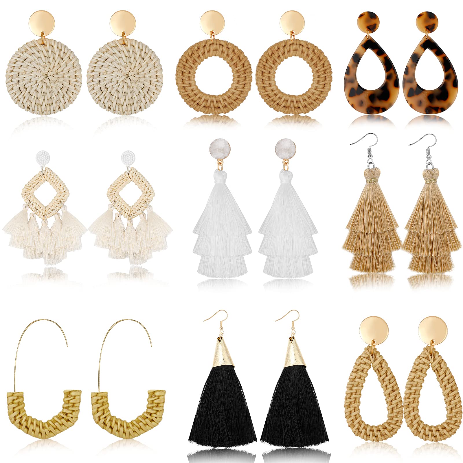 Hazms9 Pairs Rattan Earrings Tassel Earrings for Women Girls Lightweight Acrylic Geometric Statement Woven Bohemian Earrings Handmade Straw Wicker Braid Hoop Drop Dangle Earrings, Rattan, No Gemstone