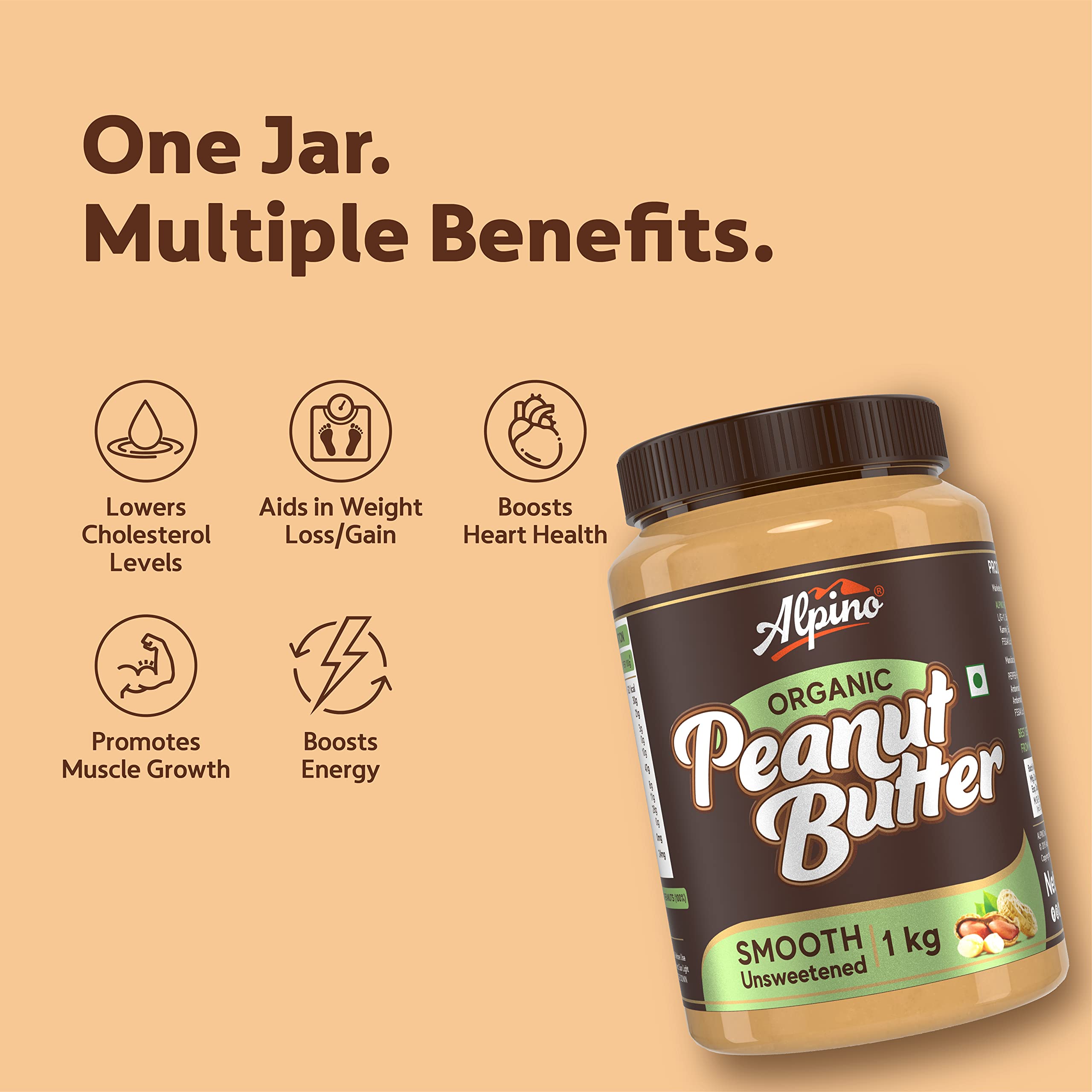 Alpino Organic Natural Peanut Butter Smooth 1 KG Unsweetened 100 Roasted Peanuts No Added