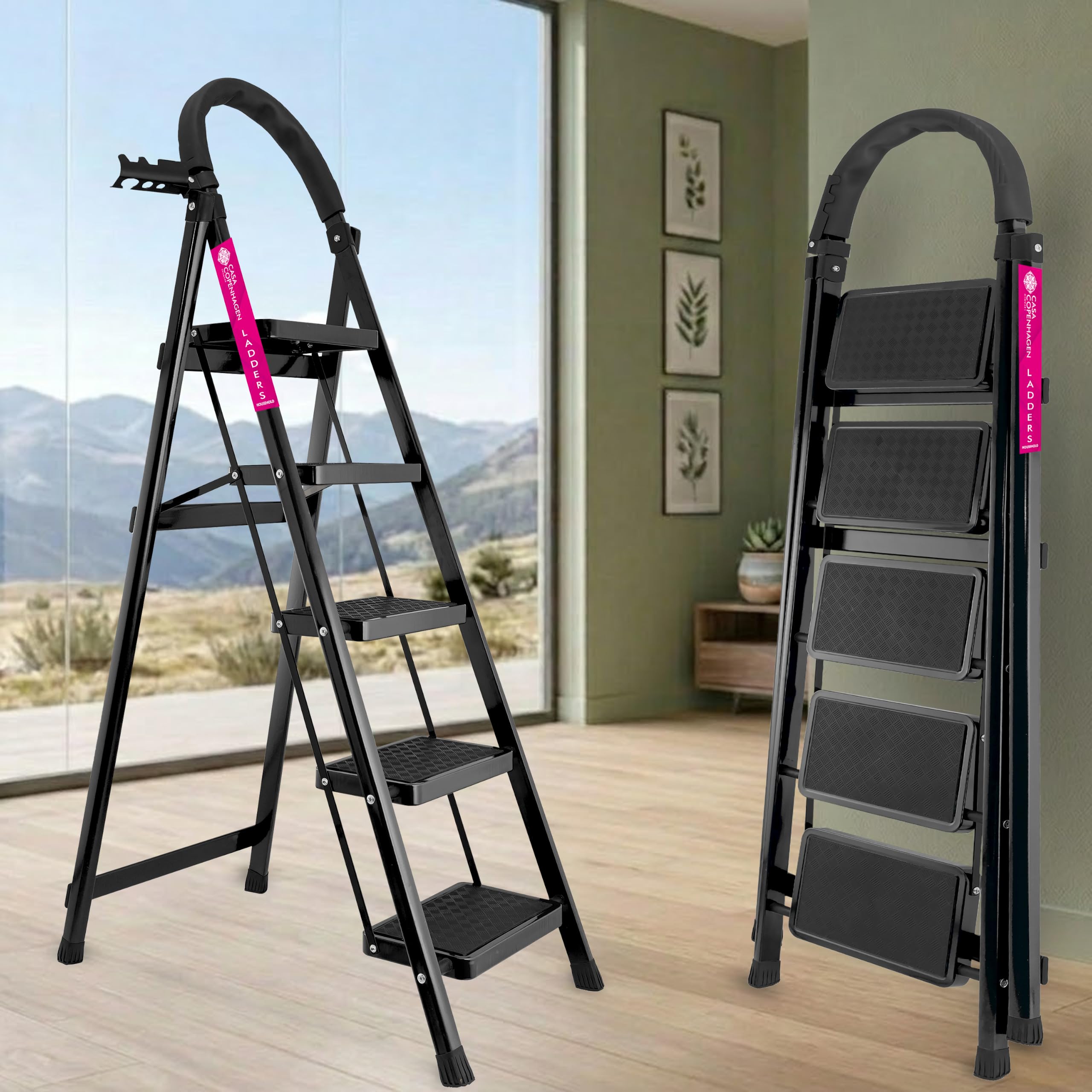 Casa Copenhagen Black 5 Step Ladder for Home Use with Built-in Tool Tray | Heavy Duty D Shape Rods | Ultra Large Platform | Wide Rubber Feet | 150Kg Capacity Foldable Ladder - 7 Years Warranty-image-43