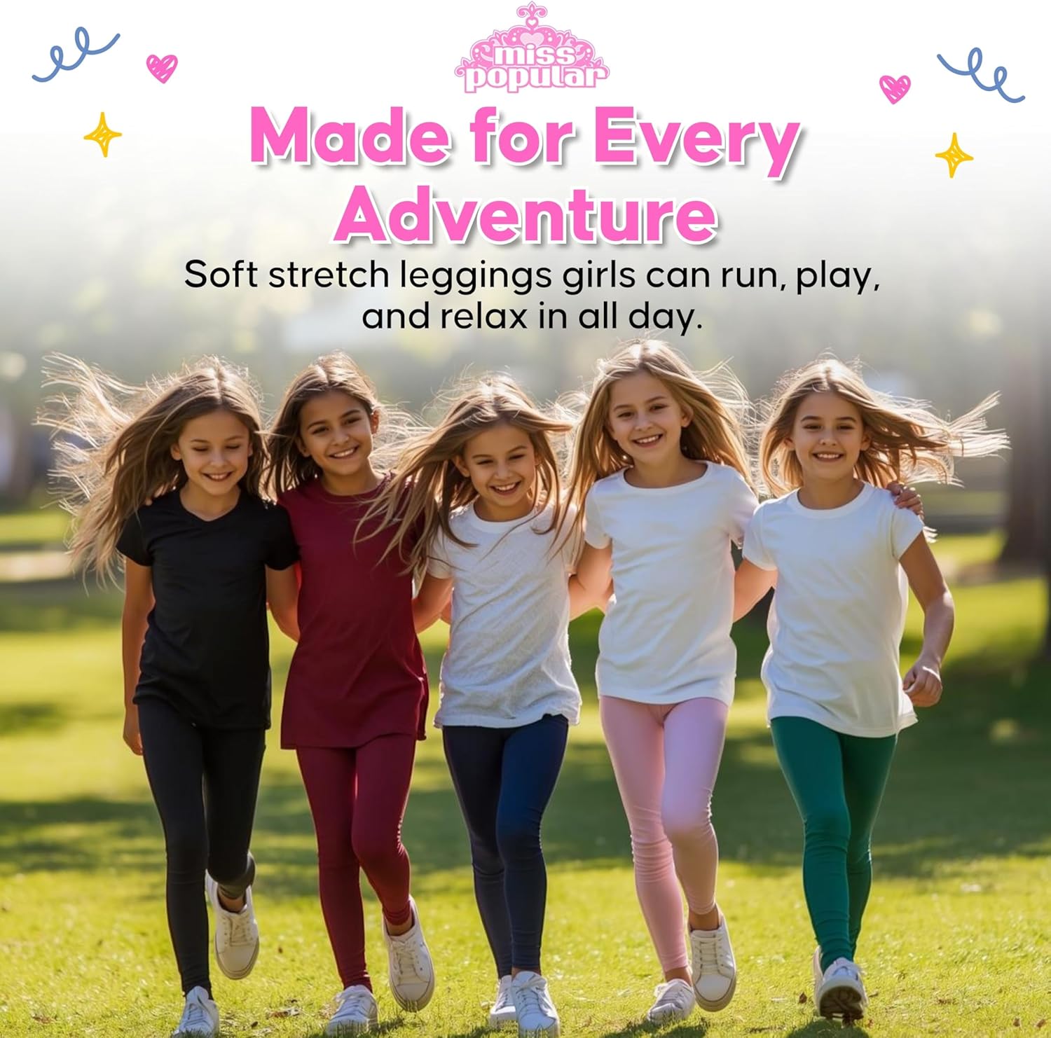 MISS POPULAR 5-Pack Girls Leggings Sizes 4-16 Soft Comfortable Cotton Spandex with Elastic Waistband Many Colors