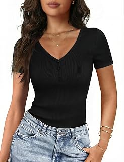 Gyabnw Damen T-Shirt mit V-Ausschnitt und Henley-Knopfleiste