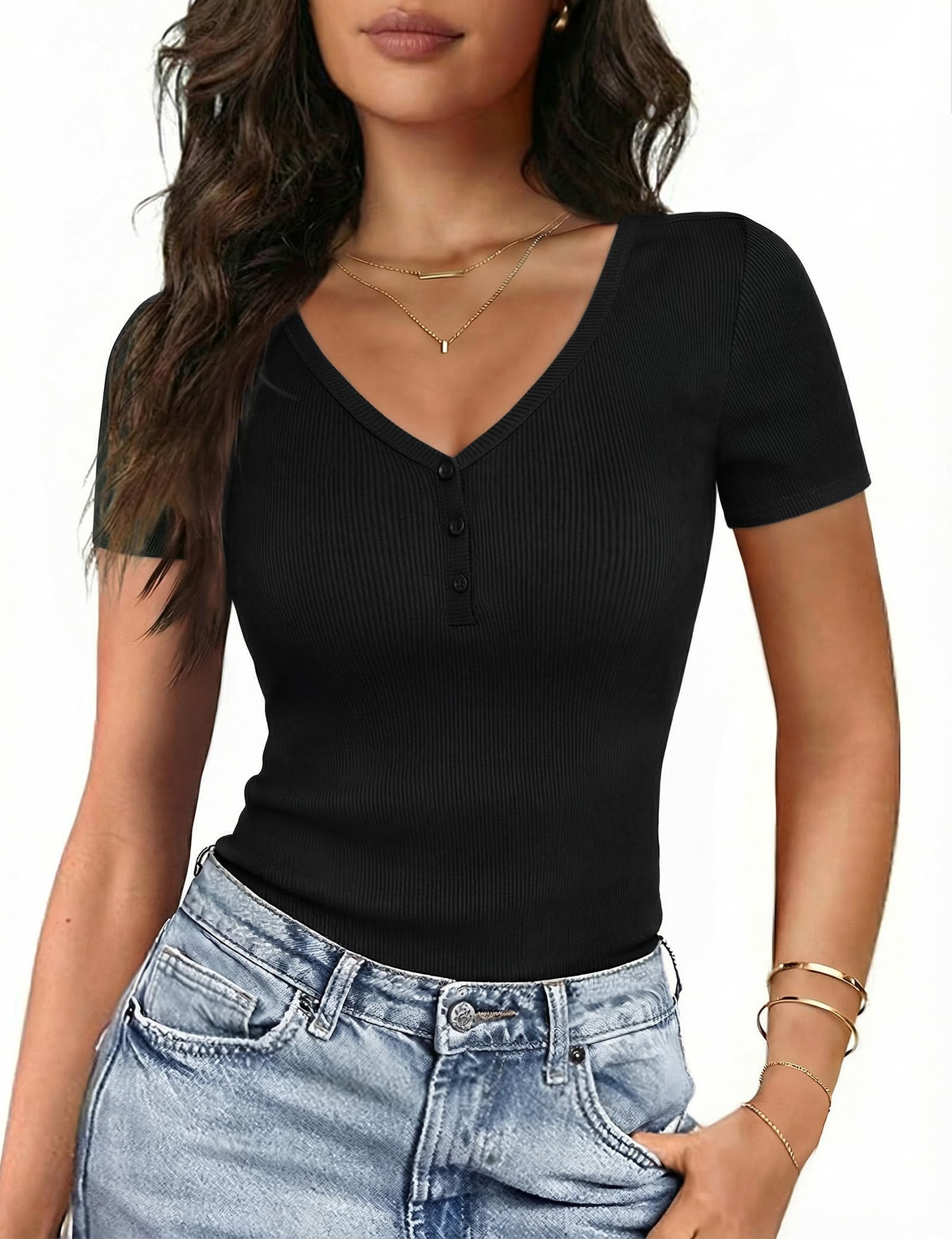 Gyabnw Damen Kurzarm T Shirt mit V Ausschnitt und Henley Knopfleiste Slim Fit Stretch Stoff weiches Elegantes Basic Shirt Sommer Oberteile Damen